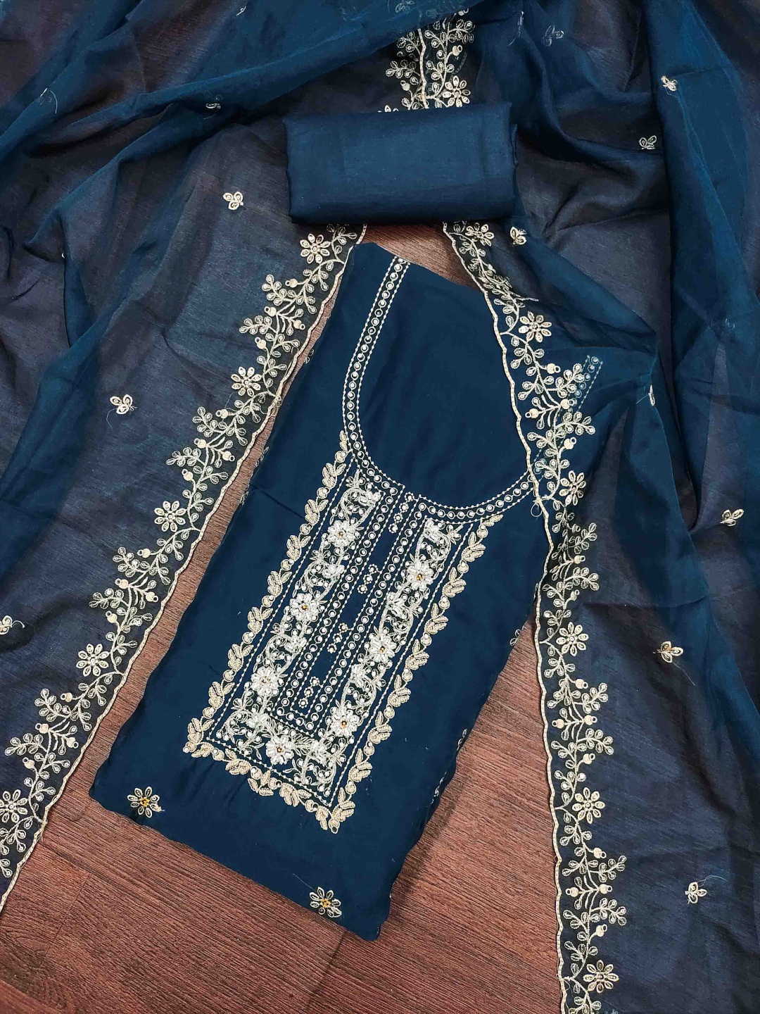 

Blissta Floral Embroidered Organza Unstitched Dress Material, Navy blue