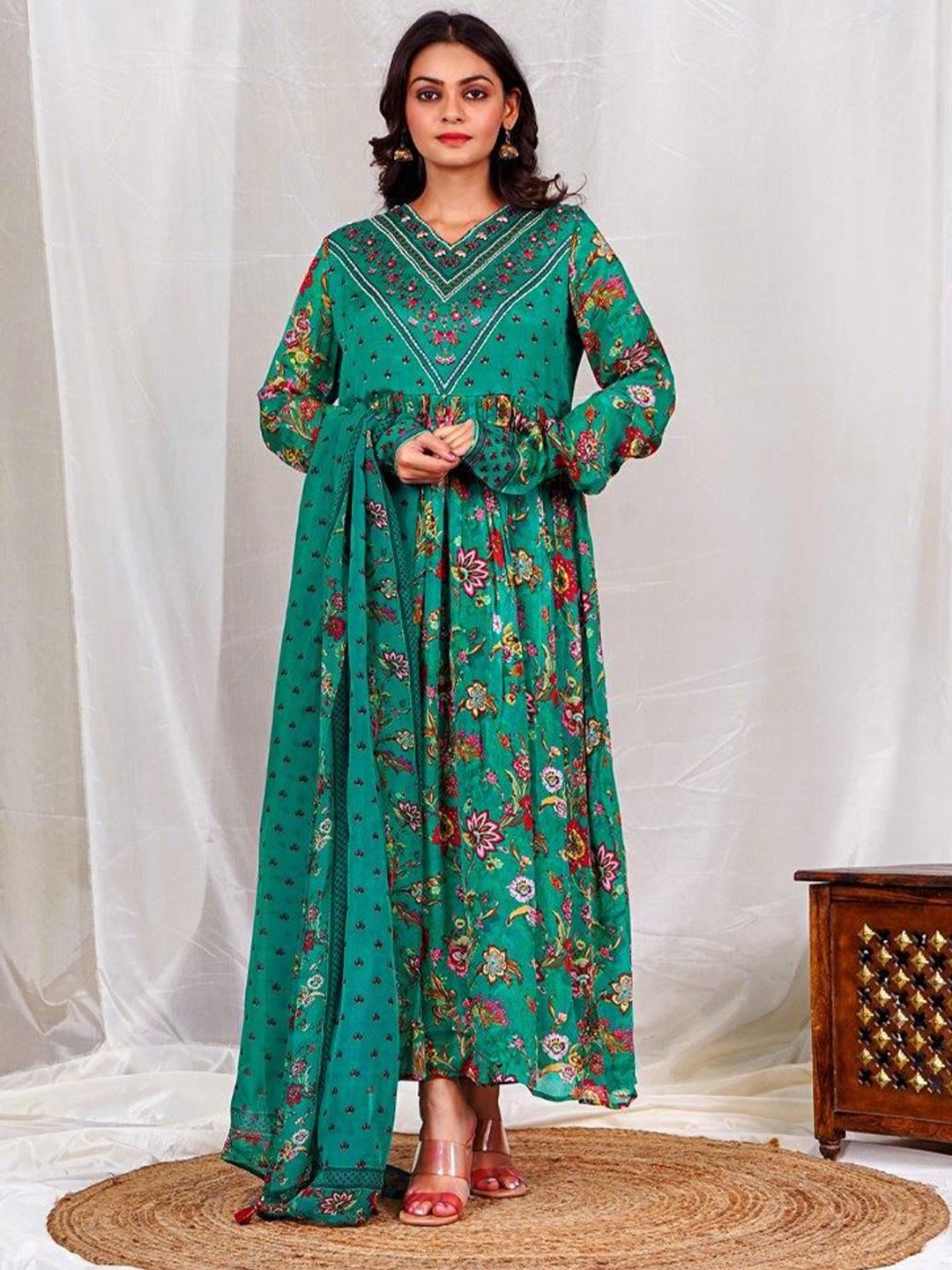 

EARTH O FAB Floral Print Chiffon Maxi Dress, Teal