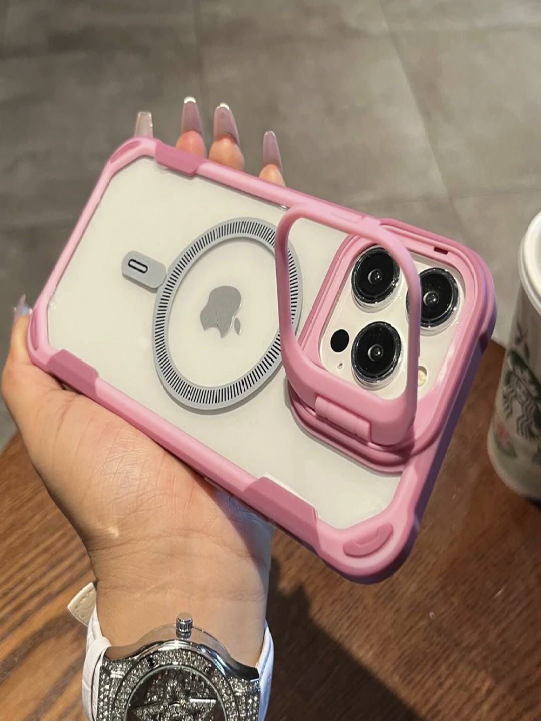 

Luxury Kase LK164 Solid iPhone 16 Pro Invisible Stand Transparent Magnetic Back Case, Pink