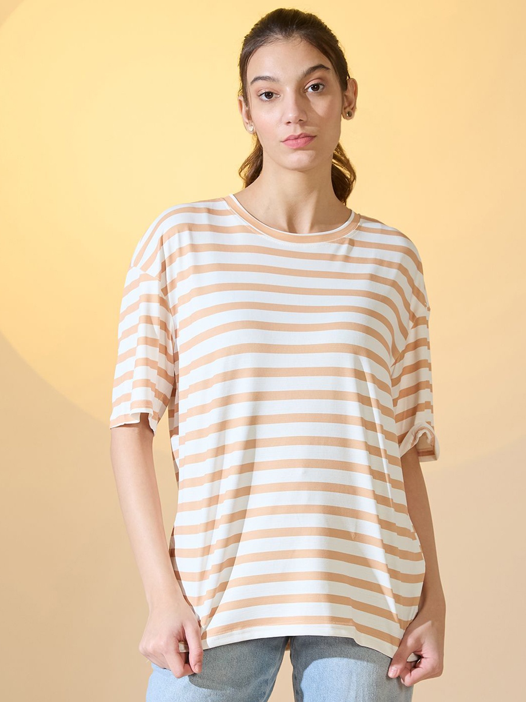 

DressBerry Women Striped Oversized Longline Tshirts, White
