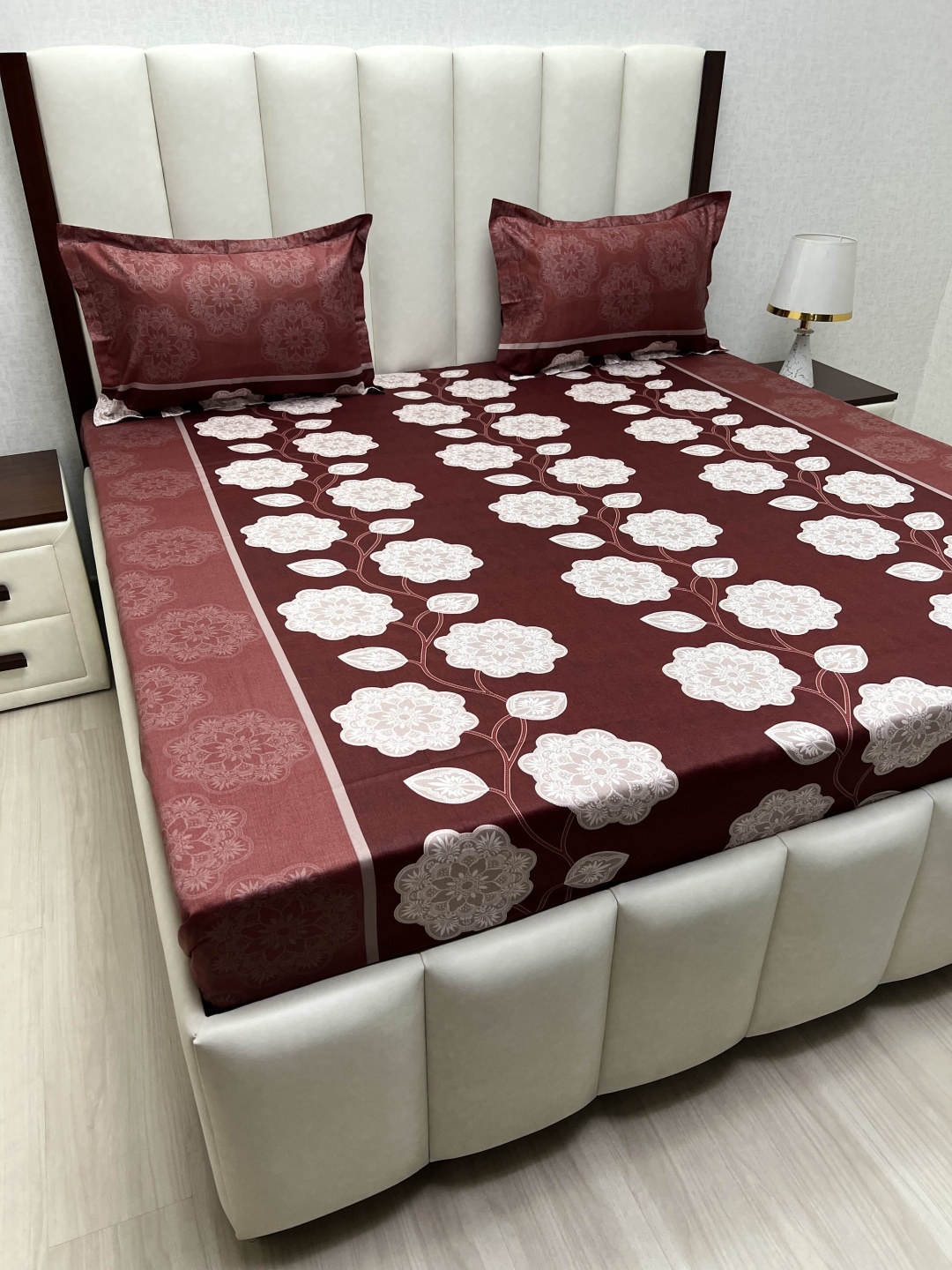 

Pure Decor Maroon Floral Printed 200 TC Pure Cotton Queen Bedsheet Set 2.28m x 2.54m