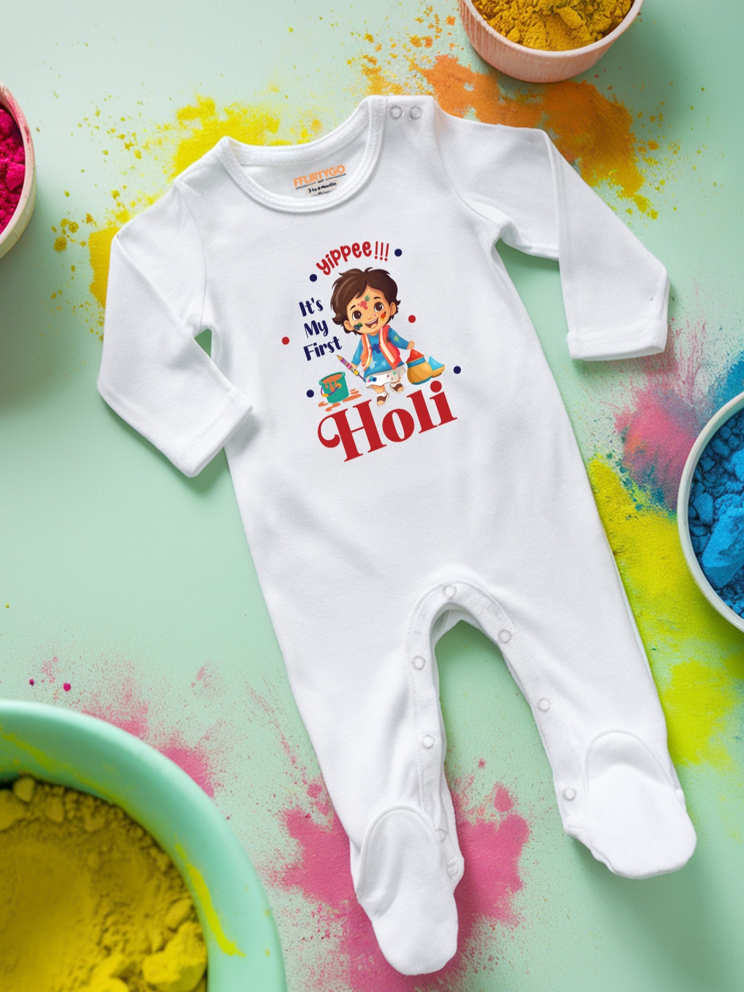 

FFLIRTYGO Infants Holi Printed Cotton Sleepsuit, White
