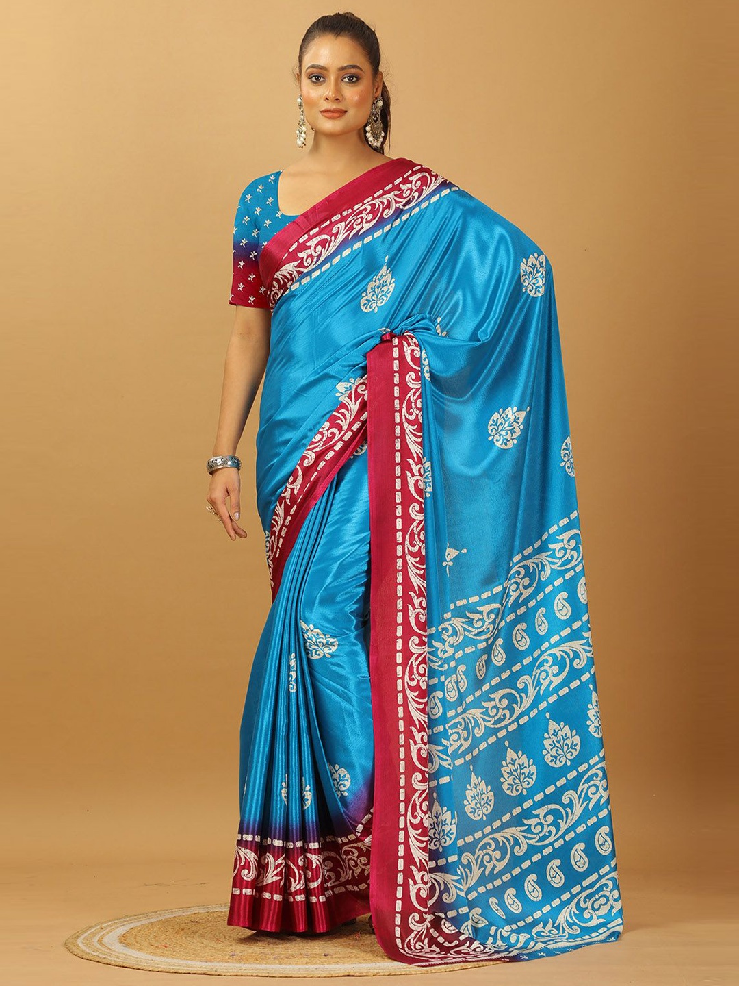 

A.V.M. SILK MILLS Ethnic Motifs Printed Pure Crepe Saree, Turquoise blue