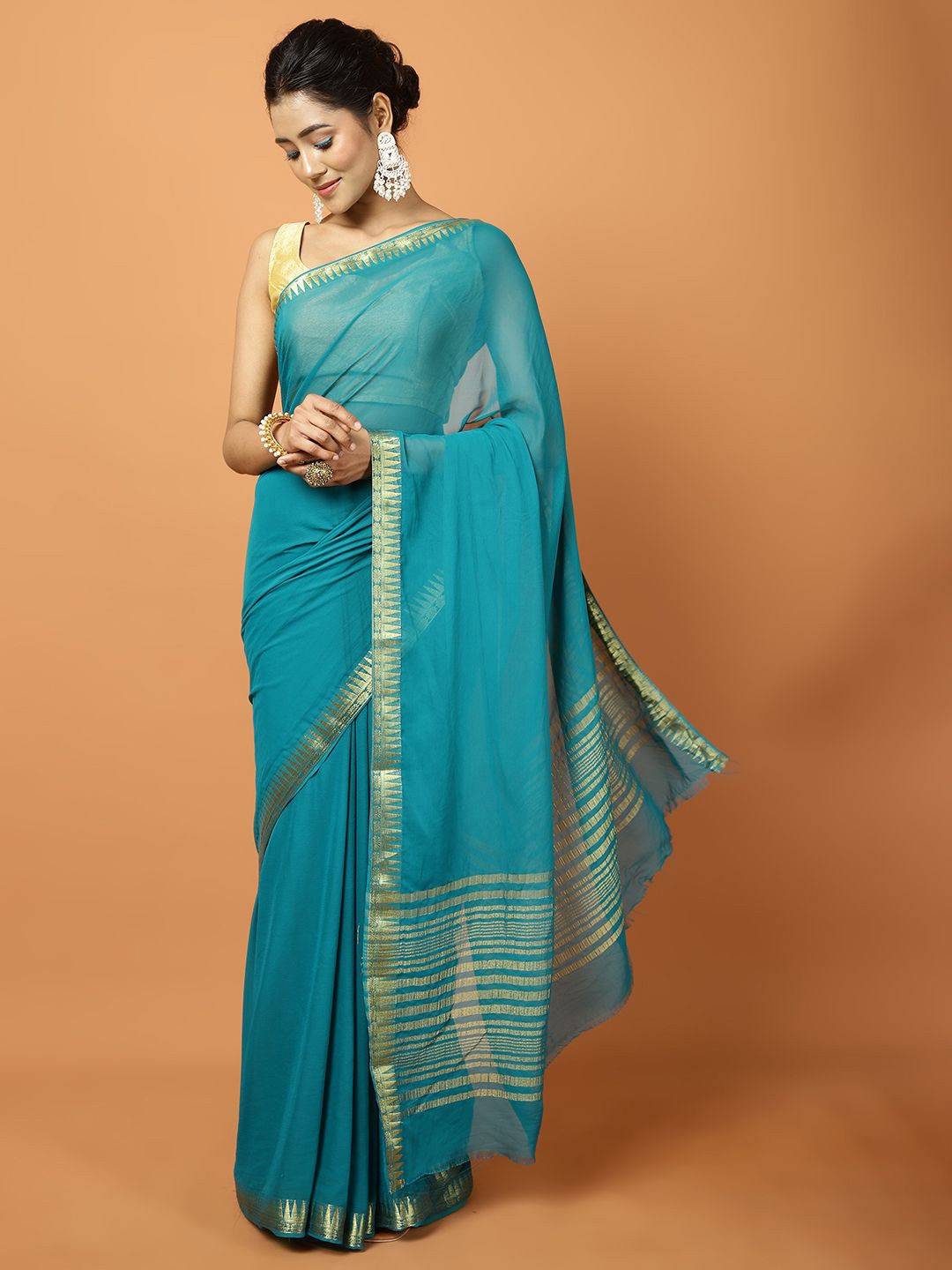 

Meena Bazaar Solid Striped Saree, Blue