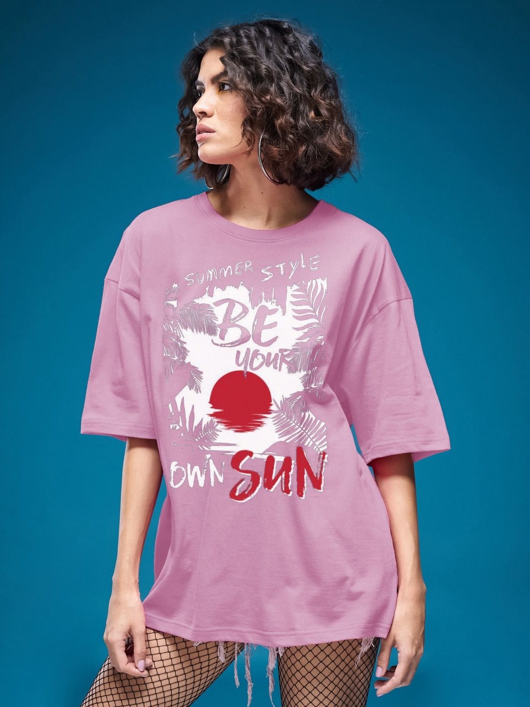 

SMARTEES Women Graphic Printed Round Neck Cotton Oversized T-shirt, Pink