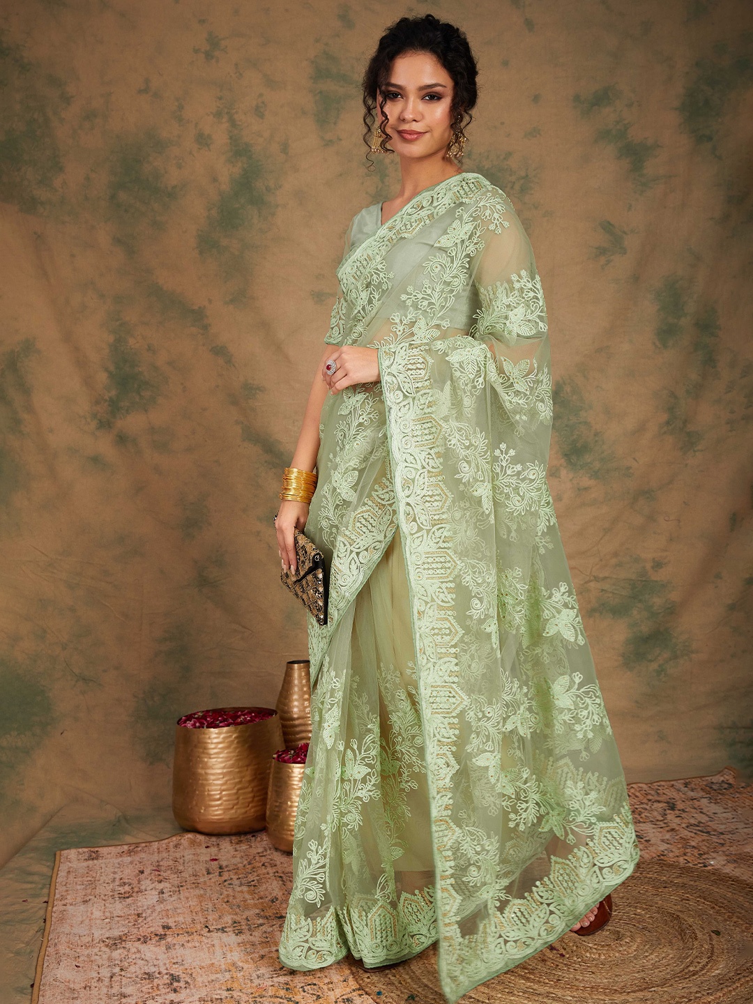 

DEVATITHI Pista Green Net Saree