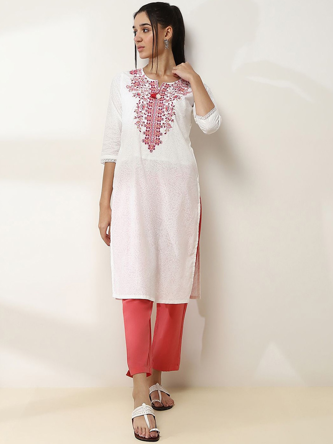 

Rangriti Notch-Neck Floral Embroidered Cotton Straight Kurta, White