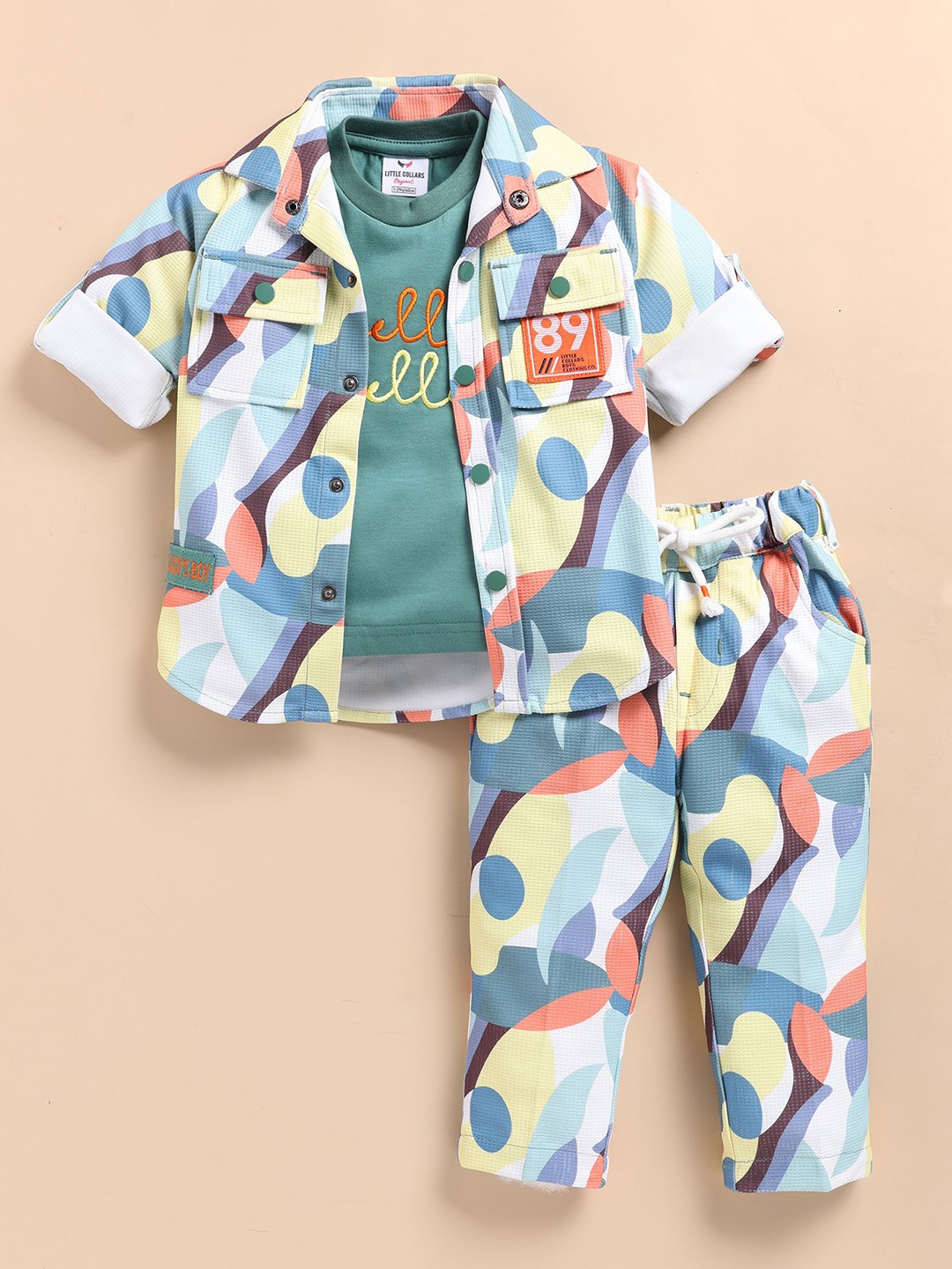 

LITTLE COLLARS Boys Printed Shirt Collar T-Shirt And Shirt With Trousers, Green