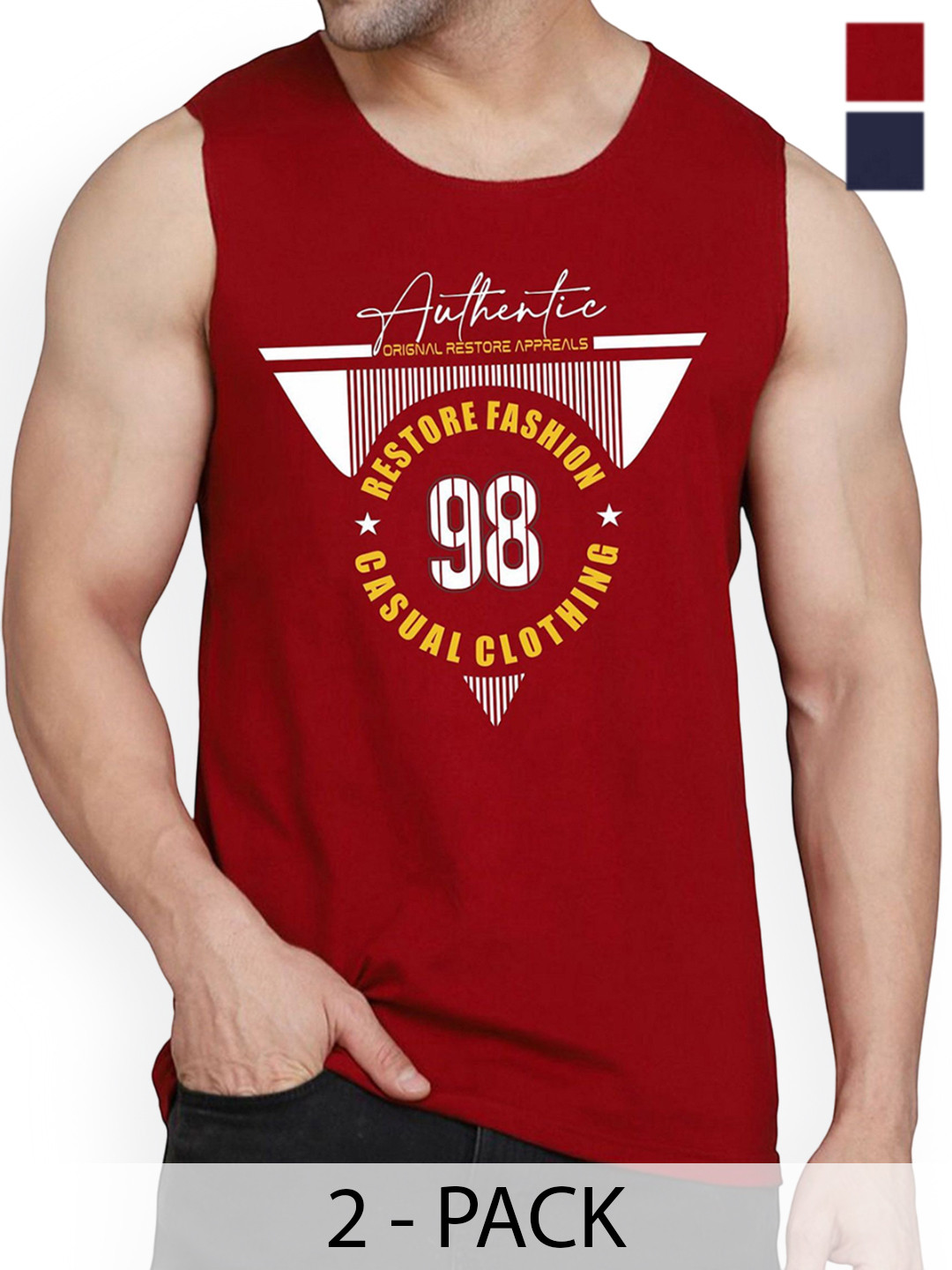

WOOSTRO Pack Of 2 Printed Combed Cotton Gym Vest, Maroon