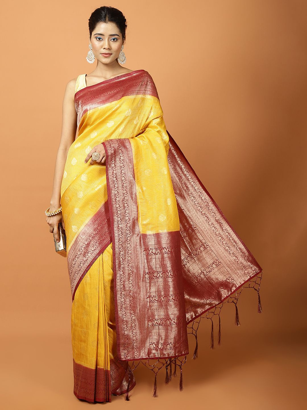 

Meena Bazaar Ethnic Motifs Woven Design Saree, Mustard