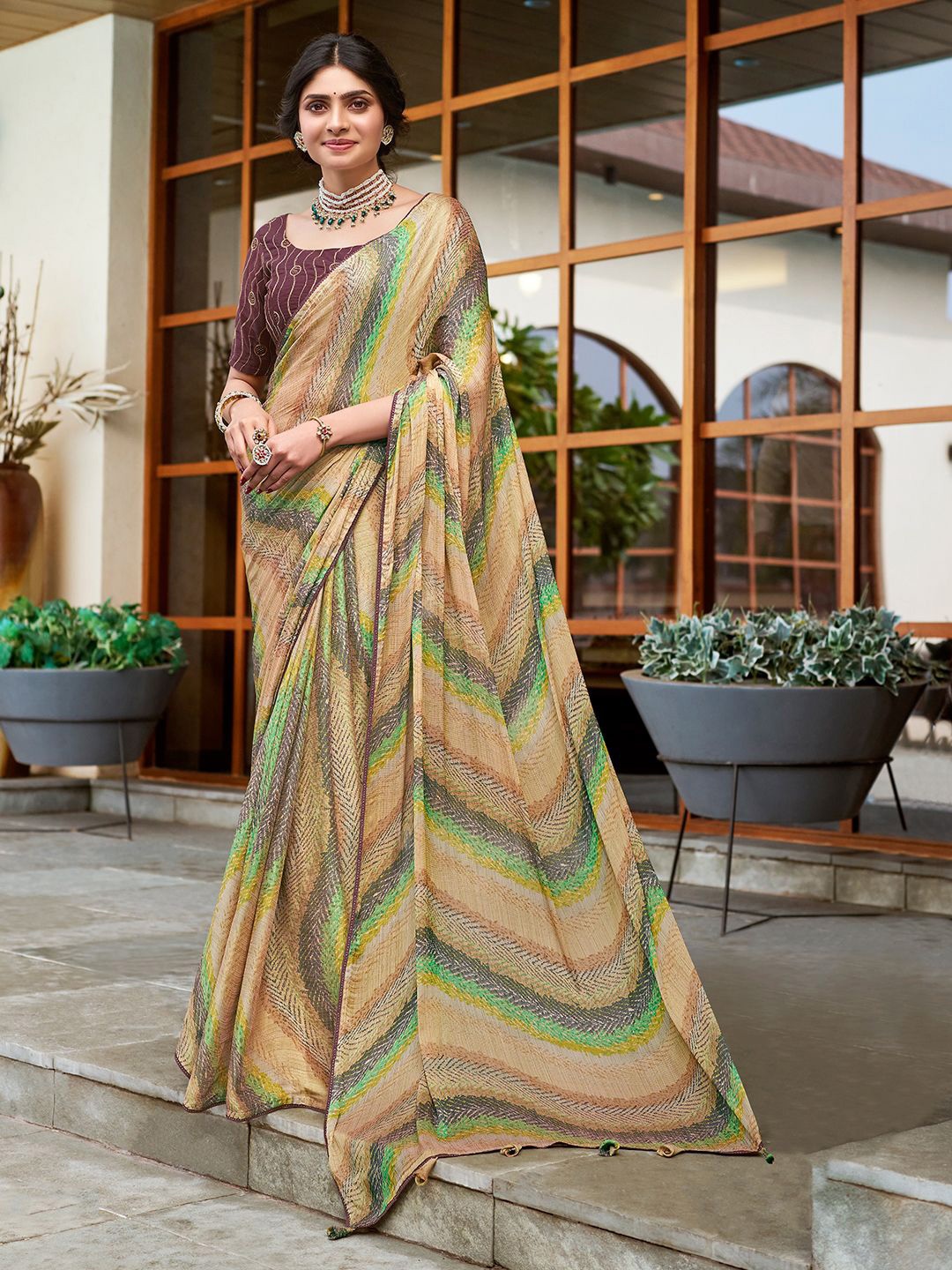 

Mitera Beads and Stones Poly Chiffon Bagru Saree, Green