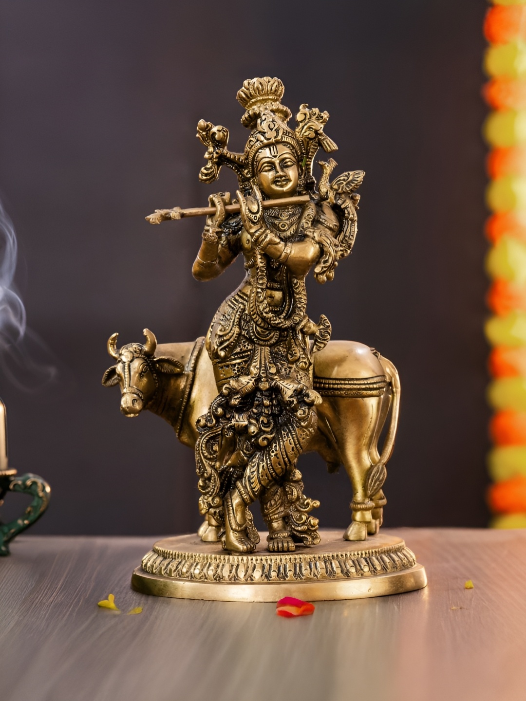 

The Advitya Gold-Toned Krishna Statue With Cow Religious Idol Showpiece