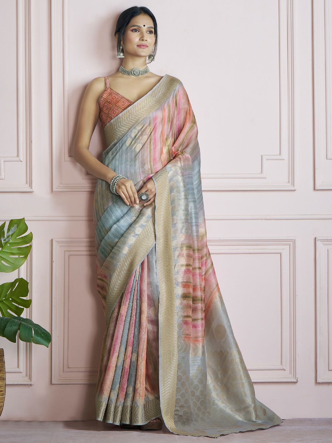 

Mitera Printed Zari Khadi Saree, Blue