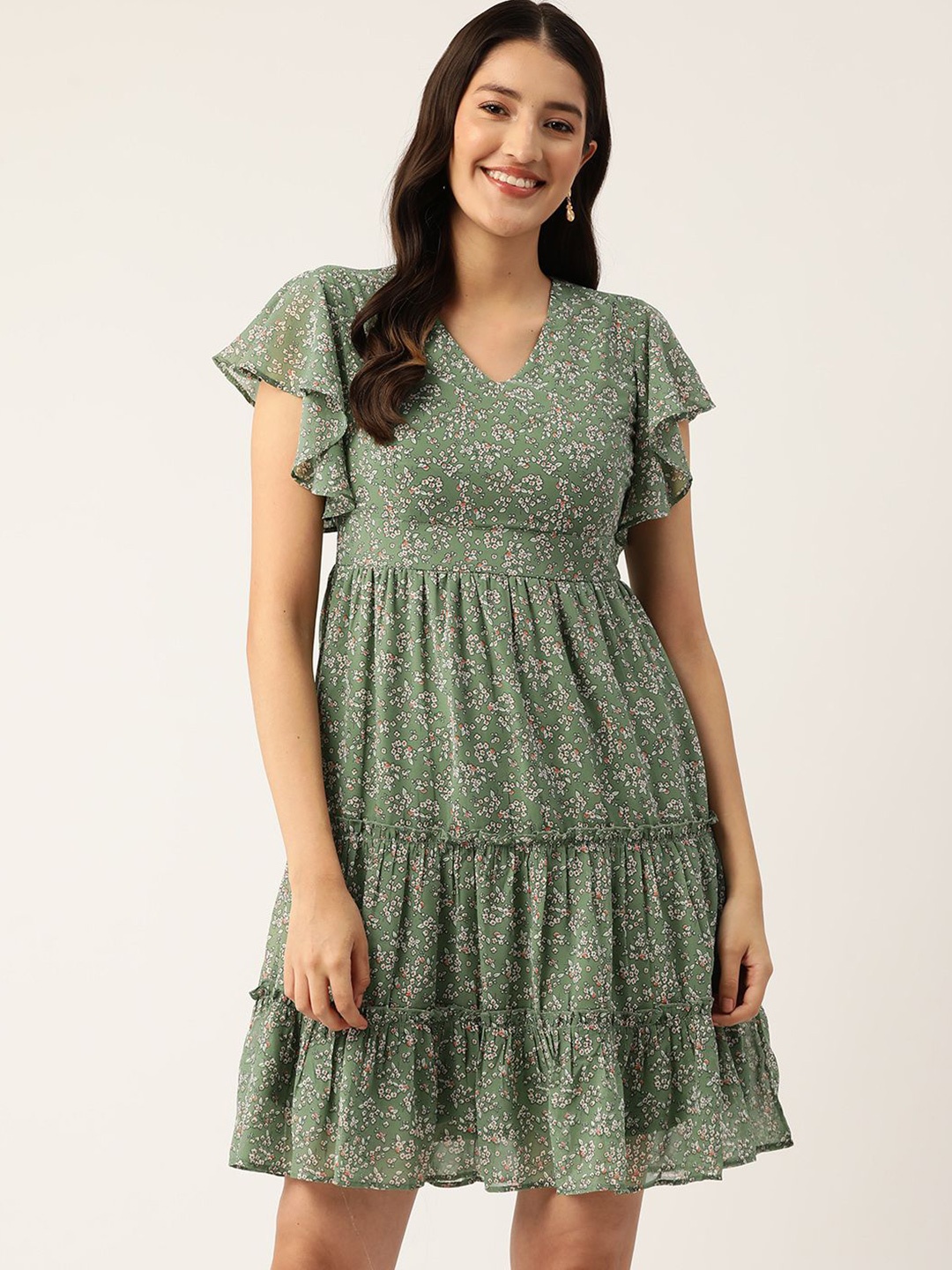 

Moda Rapido Floral Print Flutter Sleeve Georgette Empire Dress, Green