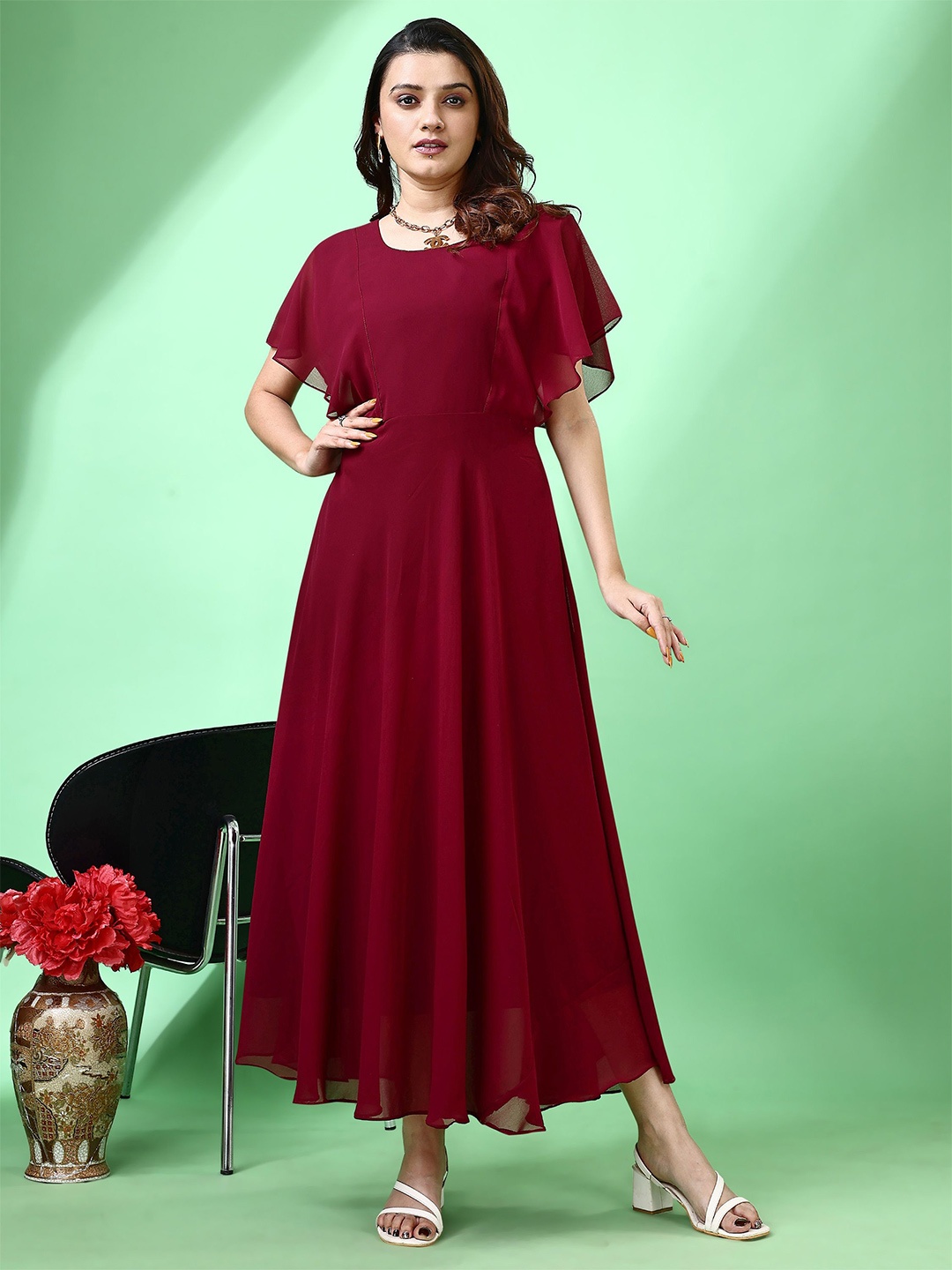 

Fashion2wear Women Flutter Sleeve Georgette A-Line Maxi Dress, Maroon