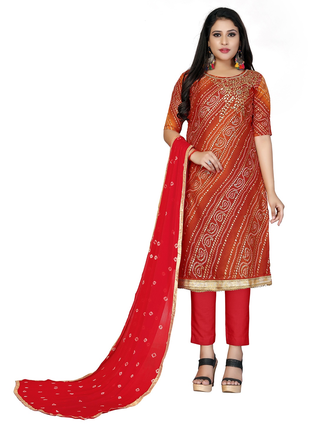 

HERE&NOW Block Printed Embroidered Cotton Unstitched Dress Material, Red