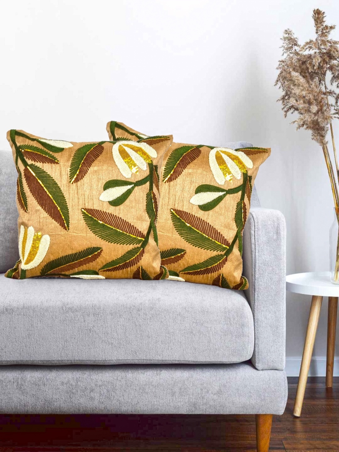 

Vinayaka Fab Beige 2 Pieces Floral Embroidered Silk Square Shaped Cushion Covers
