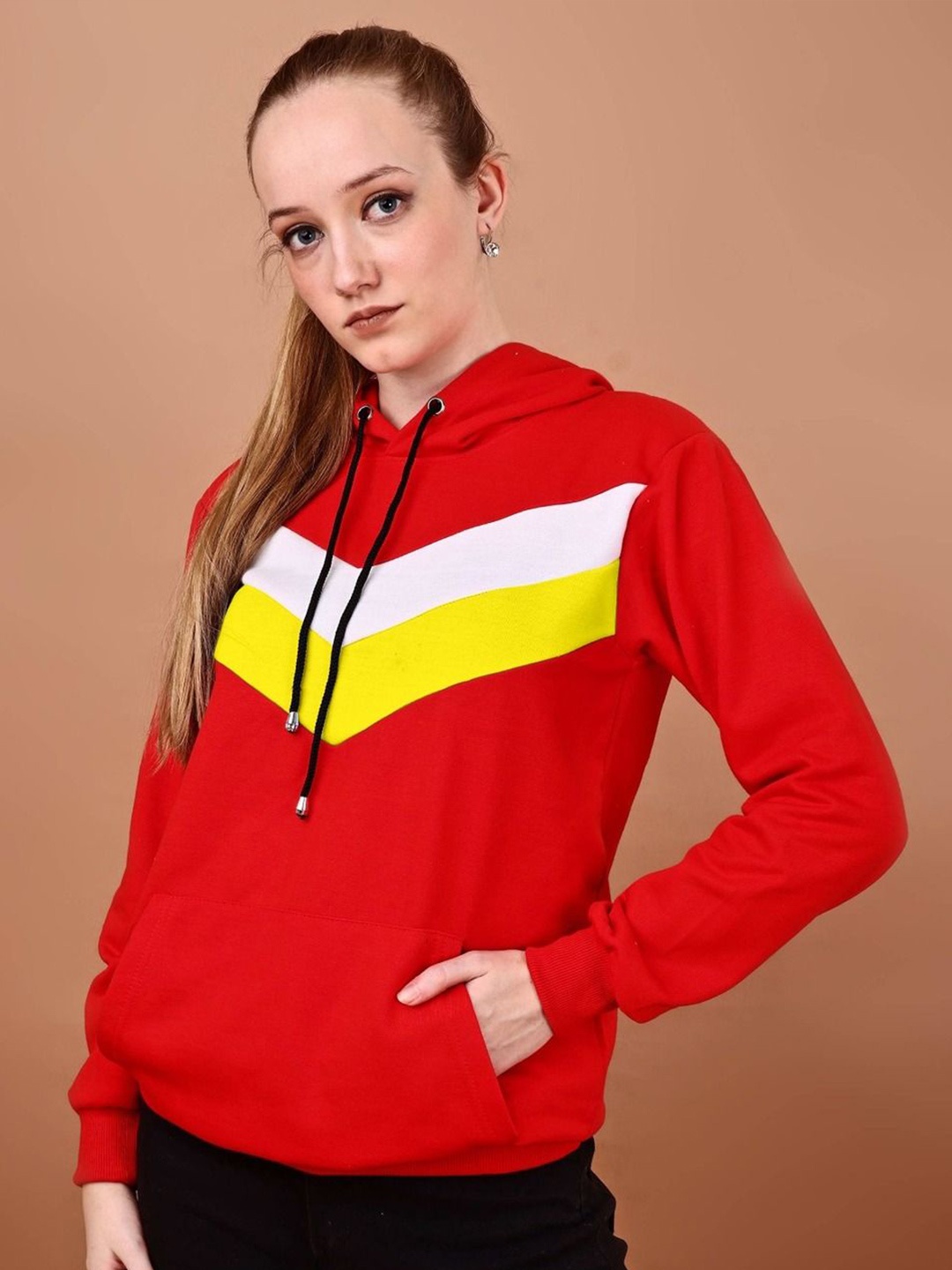 

shriez Women Hooded Colourblocked Pullover Sweatshirt, Red