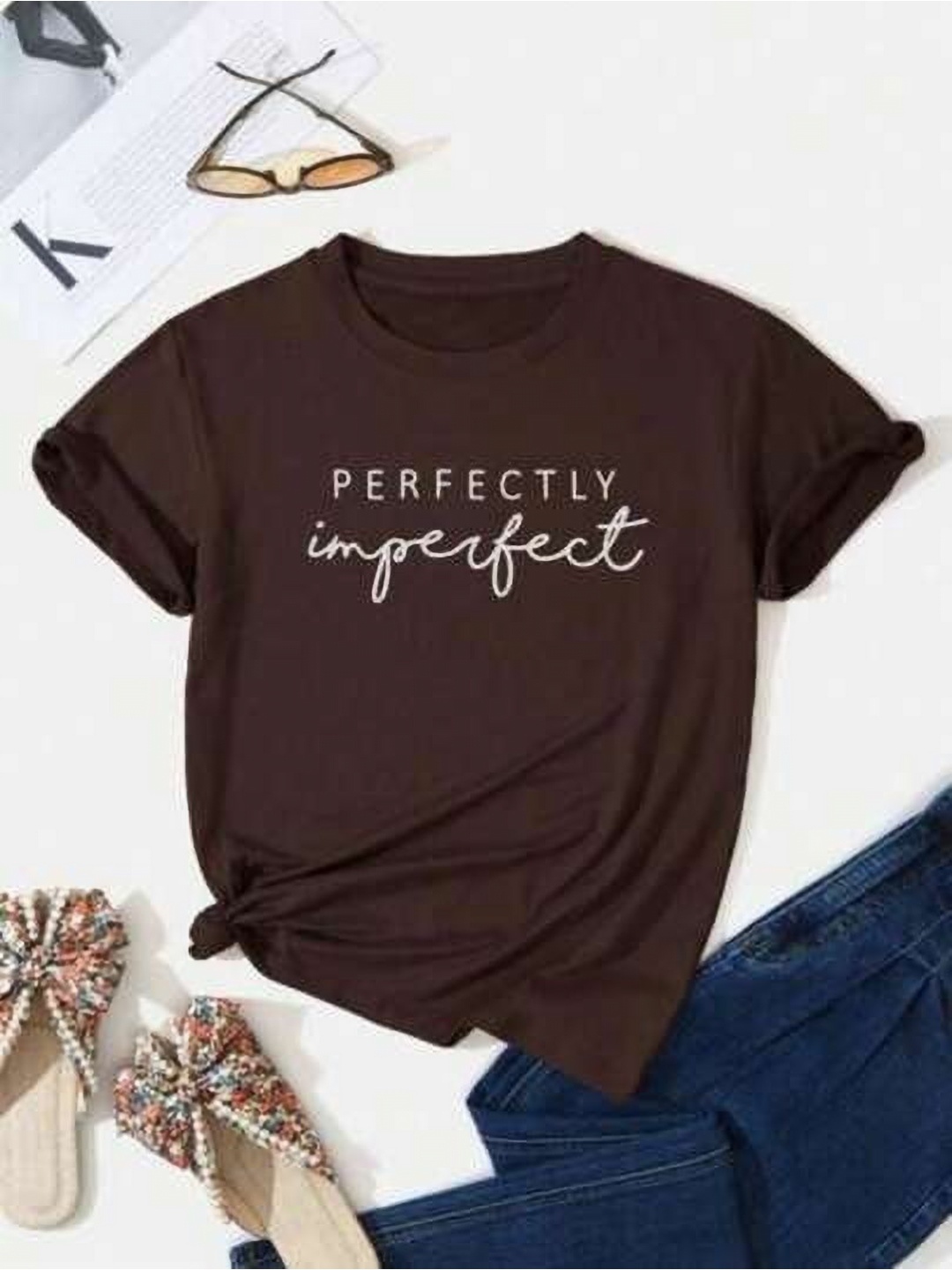 

SALUJA FABRICS Women Typography Printed Extended Sleeves T-shirt, Brown