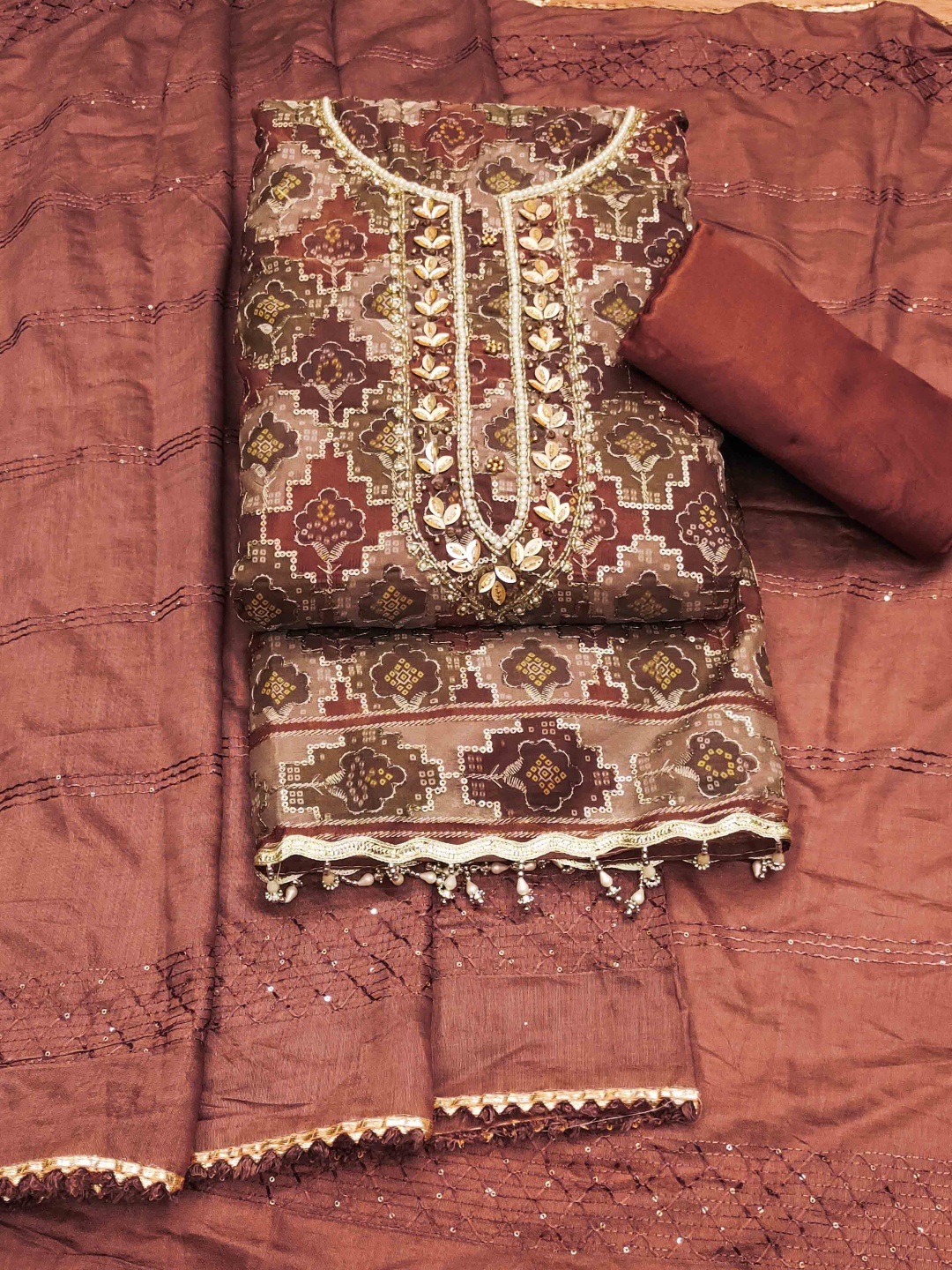 

Blissta Floral Embroidered Sequnnied Organza Unstitched Dress Material, Brown
