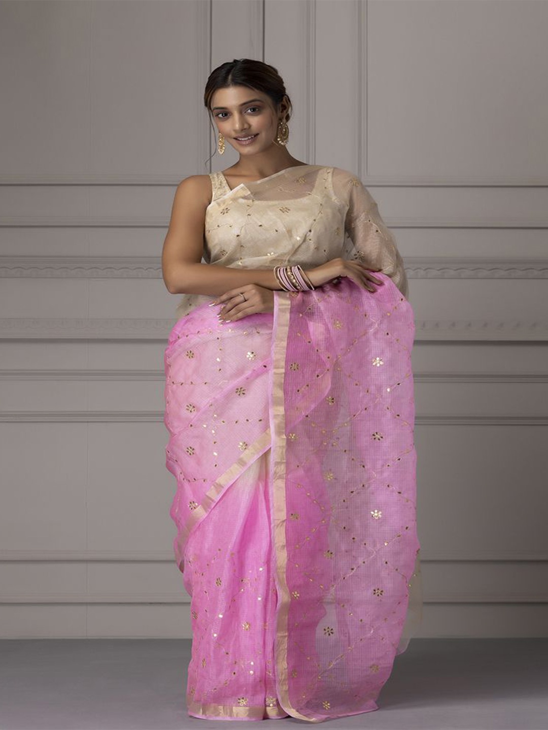 

Geroo Luxe Floral Embroidered Mirror Work Saree, Pink