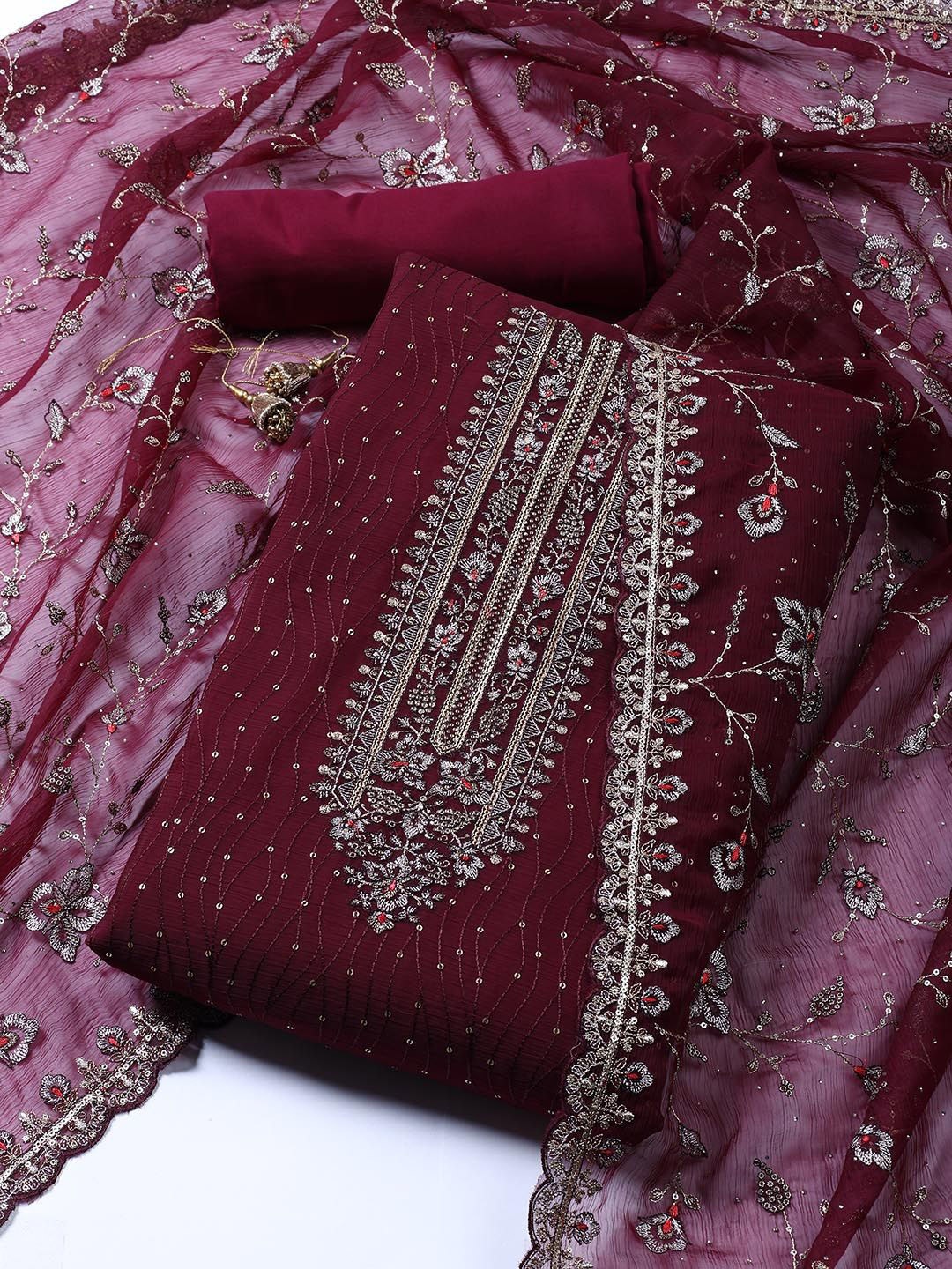 

Meena Bazaar Floral Embroidered Sequinned Organza Unstitched Dress Material, Burgundy