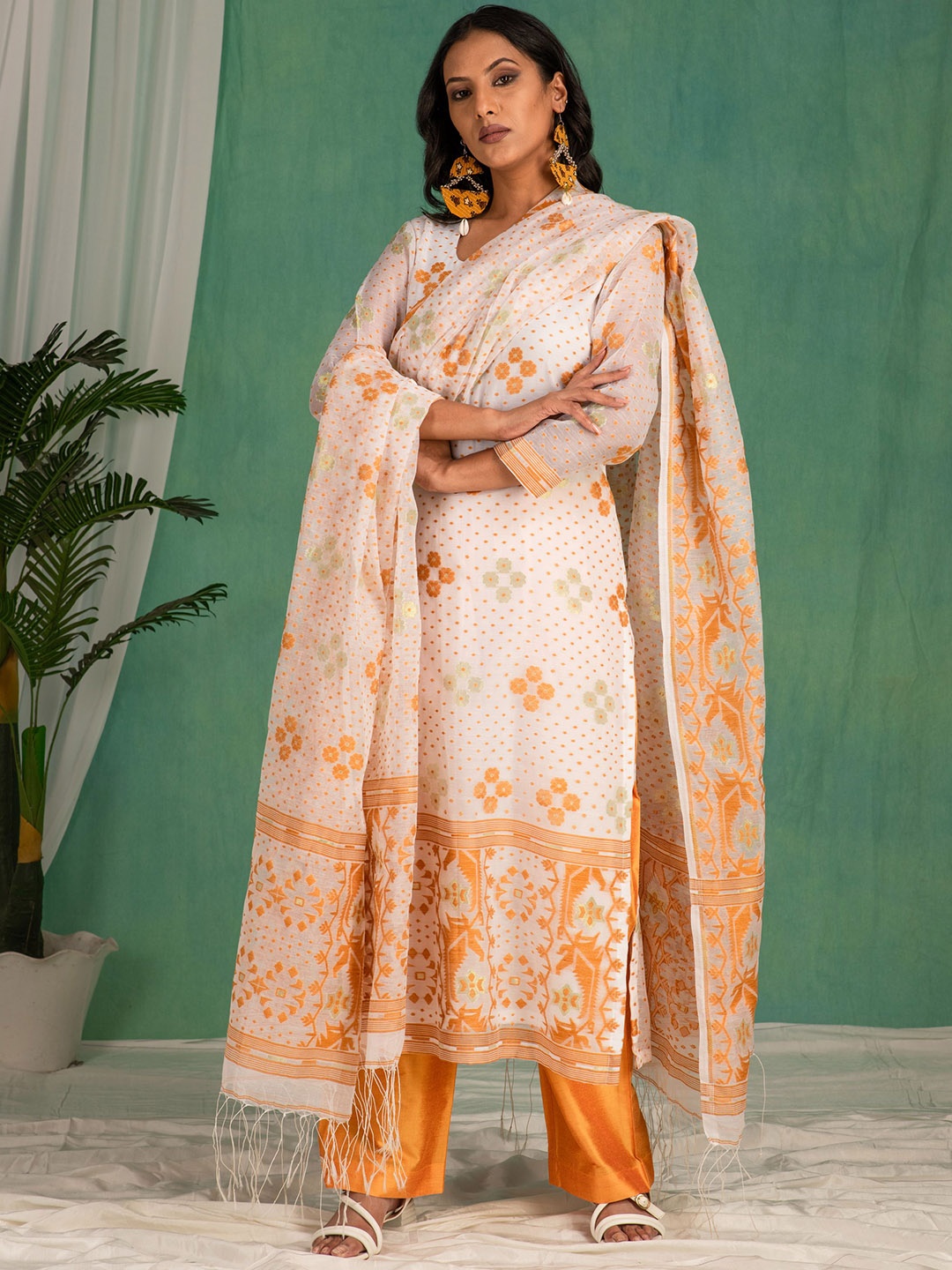 

Kasturi Creations Floral Woven Design Pure Cotton Kurta With Trousers And Dupatta, White