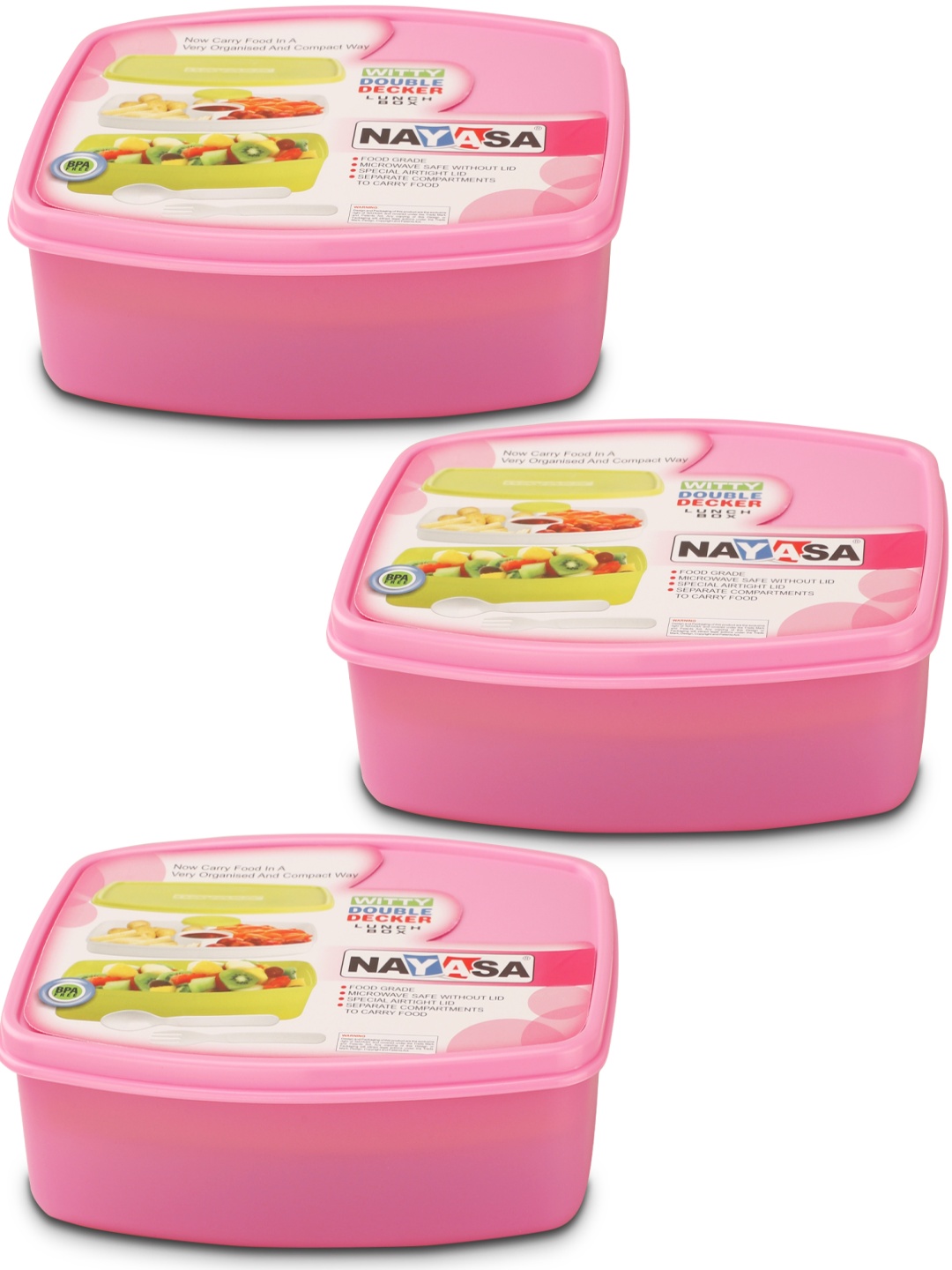 

Nayasa Witty Double Decker Set Of 3 Pink Plastic Air Tight & Leakproof Lunchbox