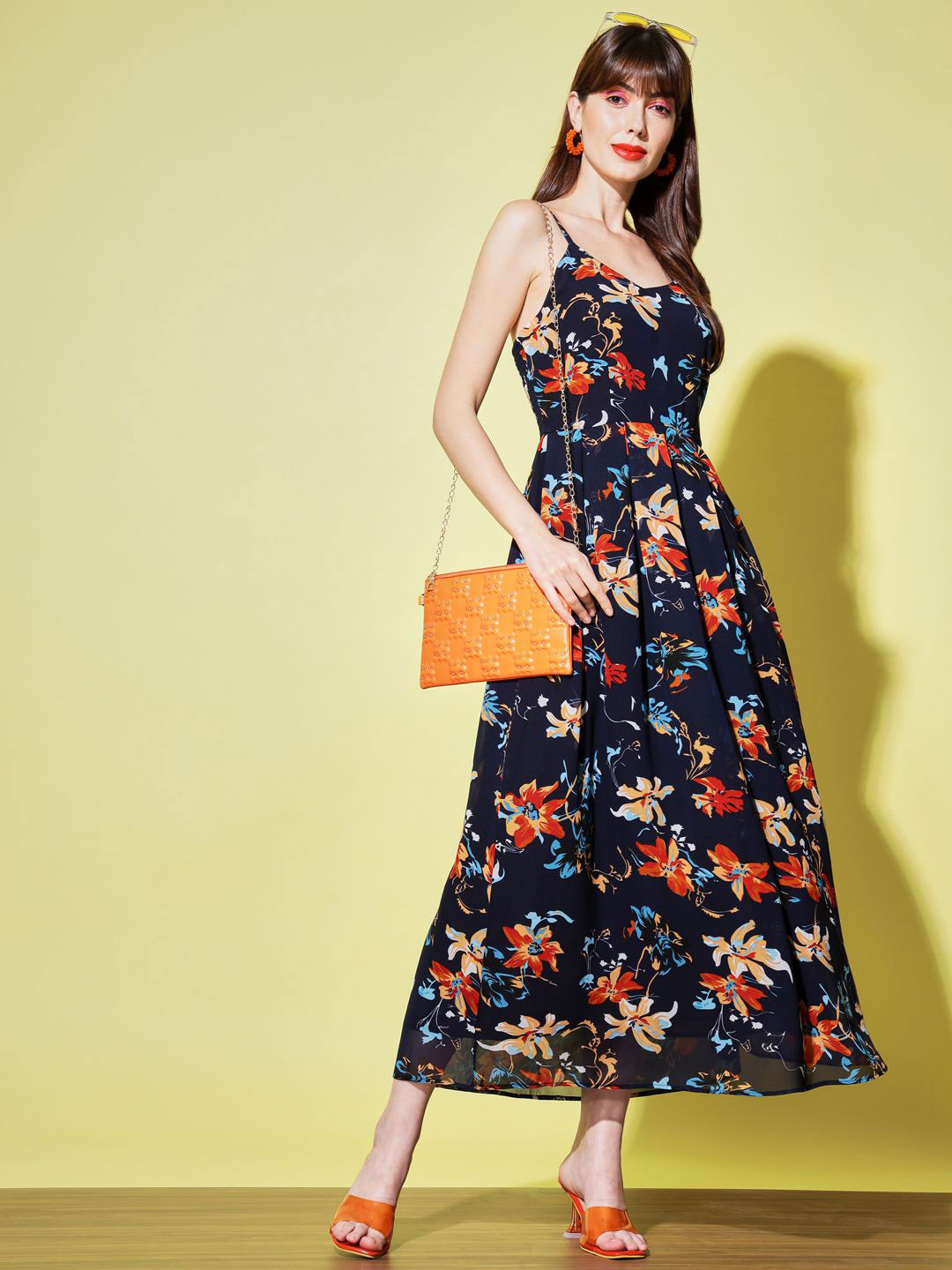 

Moda Rapido Floral Print Georgette Maxi Dress, Navy blue