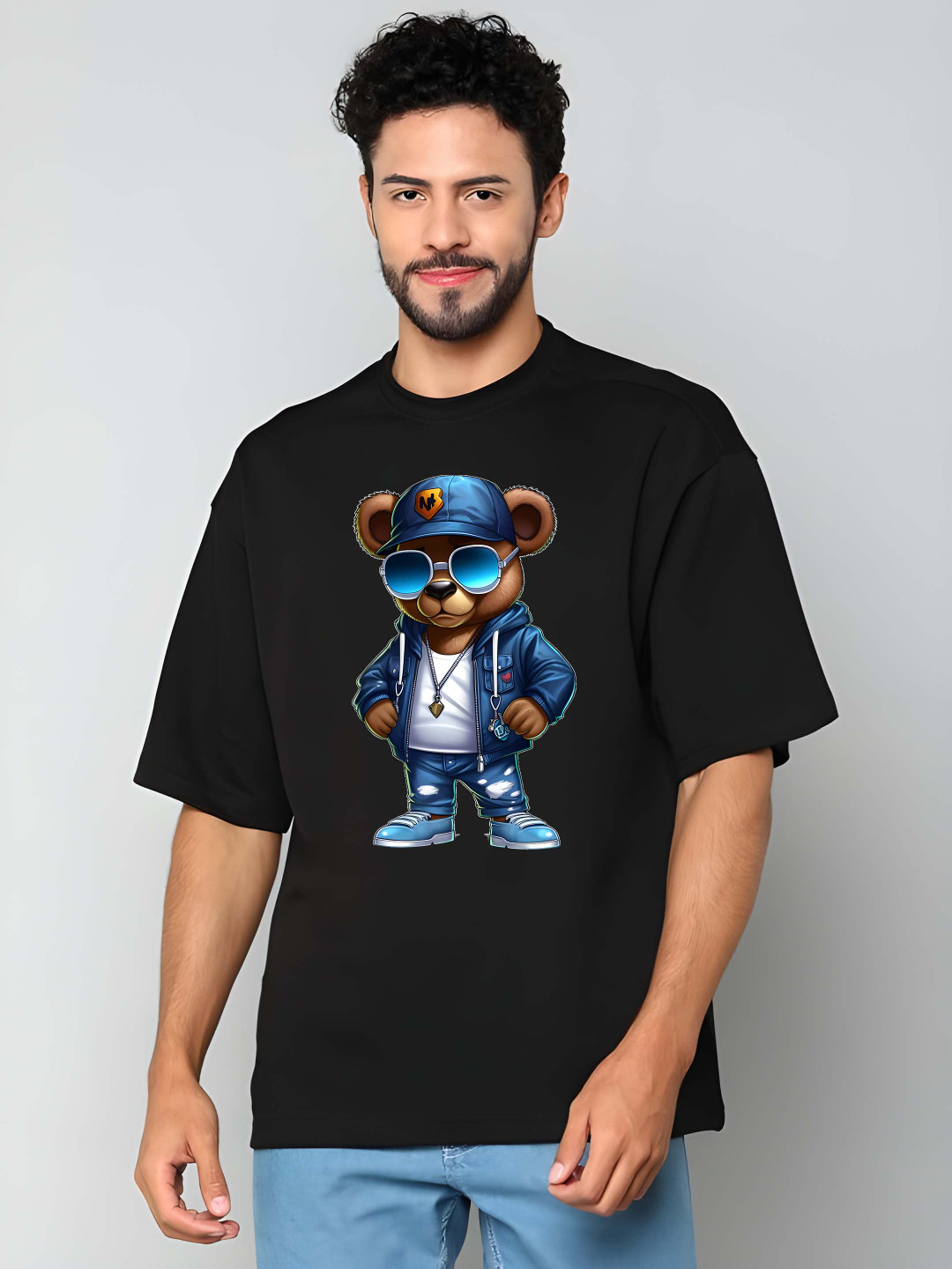 

Krimmple Men Graphic Printed Round Neck Cotton Oversized T-shirt, Black