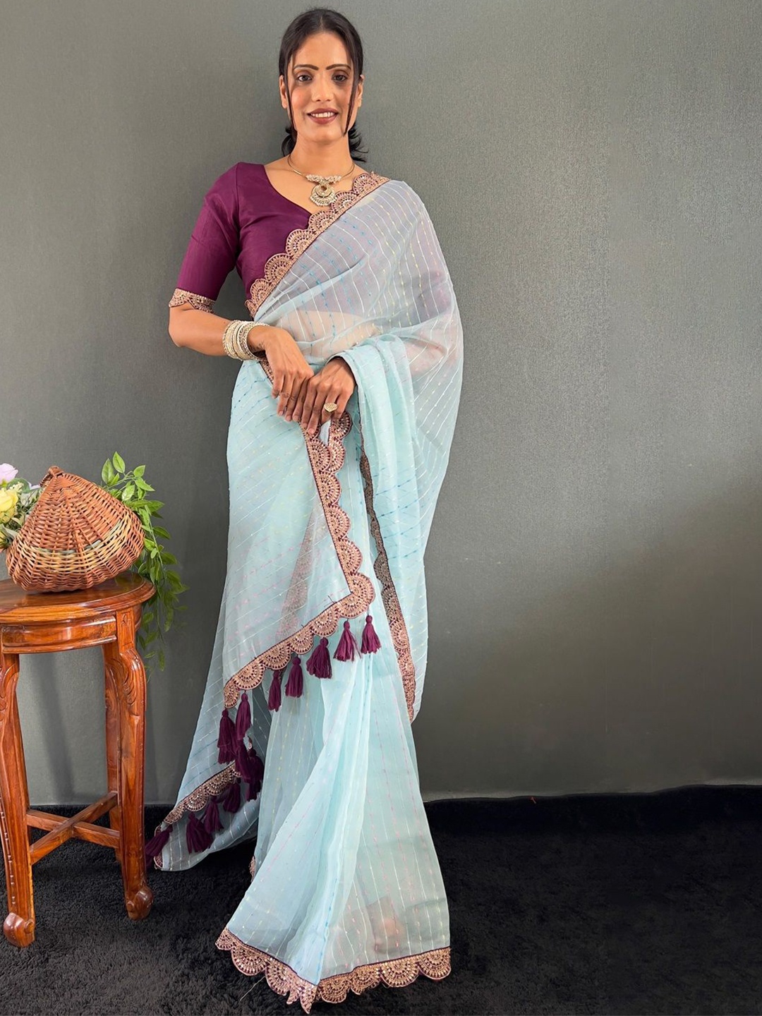 

Anouk Striped Embroidered Saree, Blue