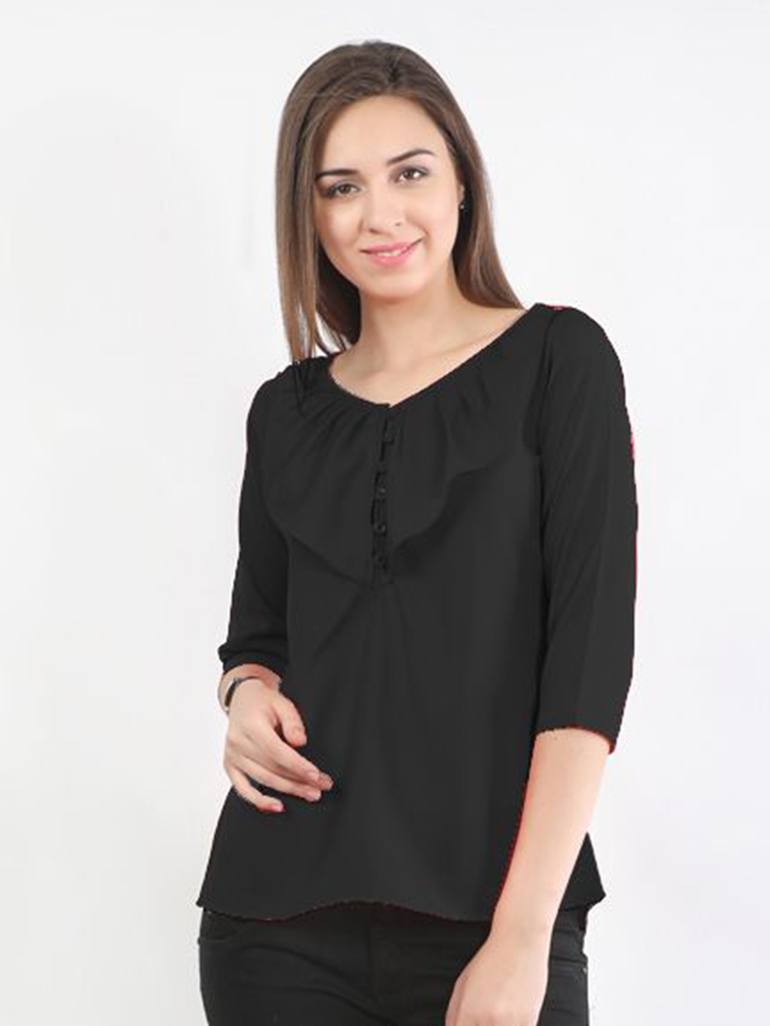 

DELIS Women V-Neck Monochrome Georgette Top, Black