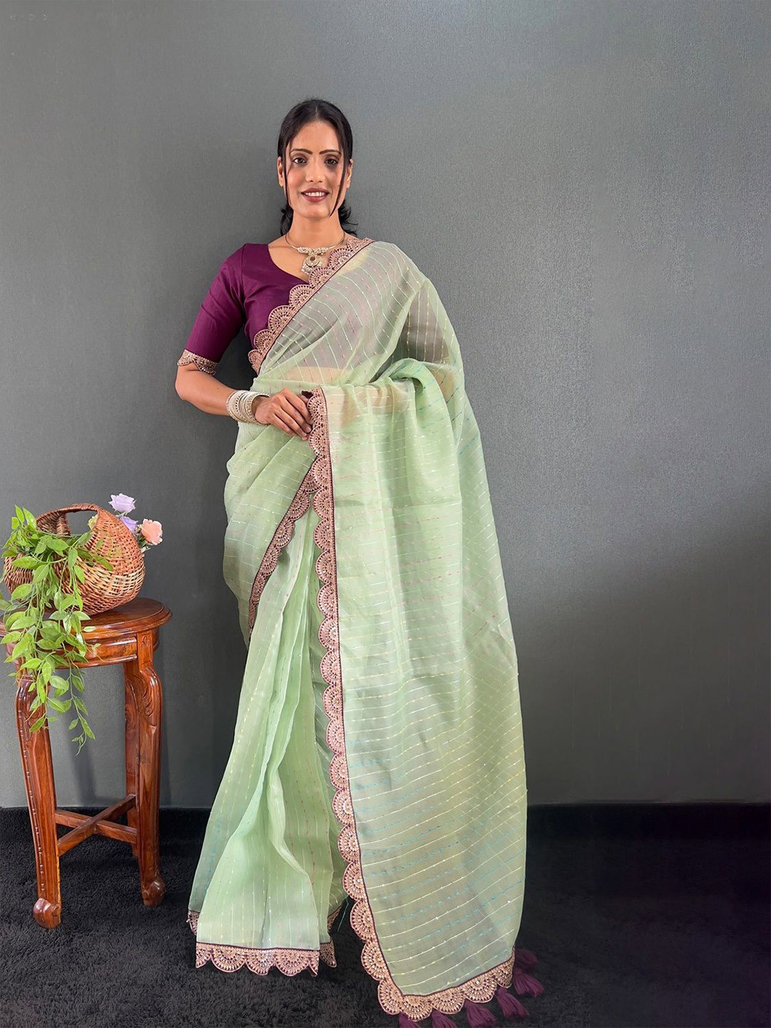 

Anouk Striped Embroidered Saree, Green