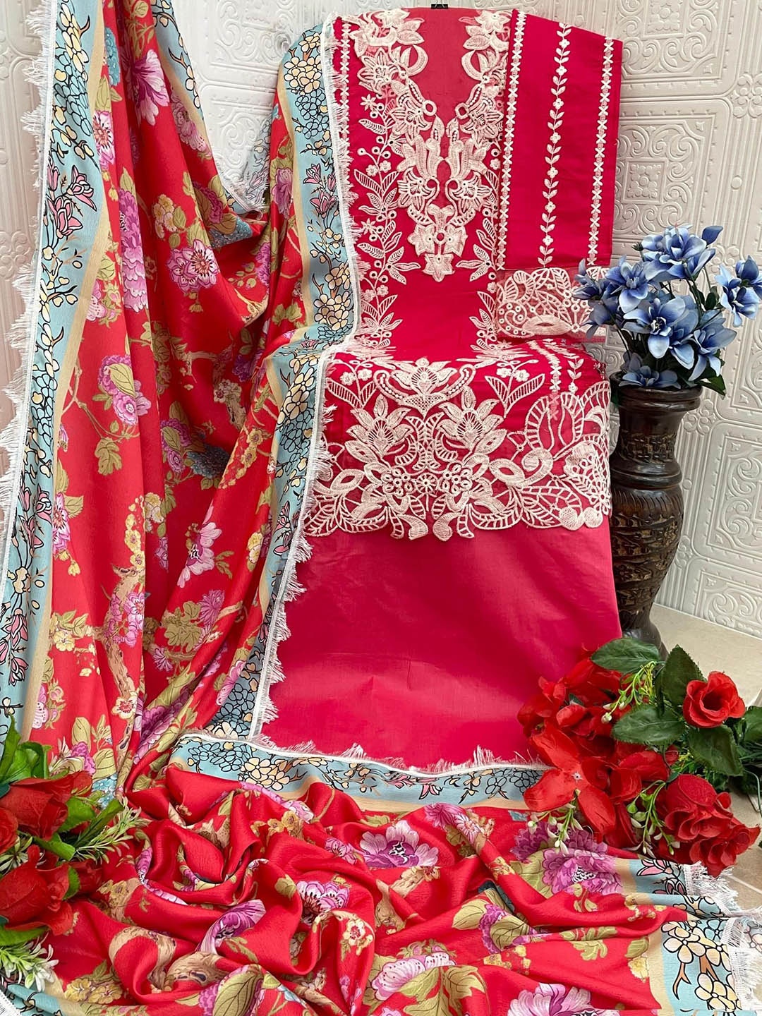 

ANAMSA Ethnic Motifs Embroidered Pure Cotton Semi-Stitched Dress Material, Magenta