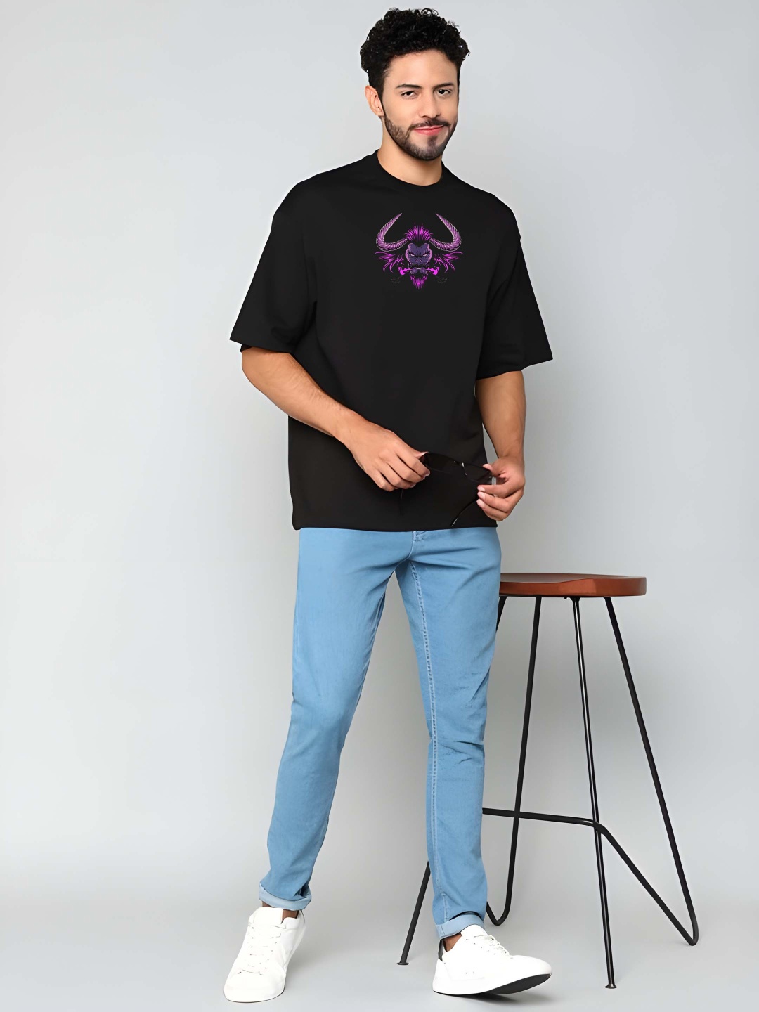 

BOWLIFESTYLE Men Drop-Shoulder Sleeves Pure Cotton T-shirt, Black