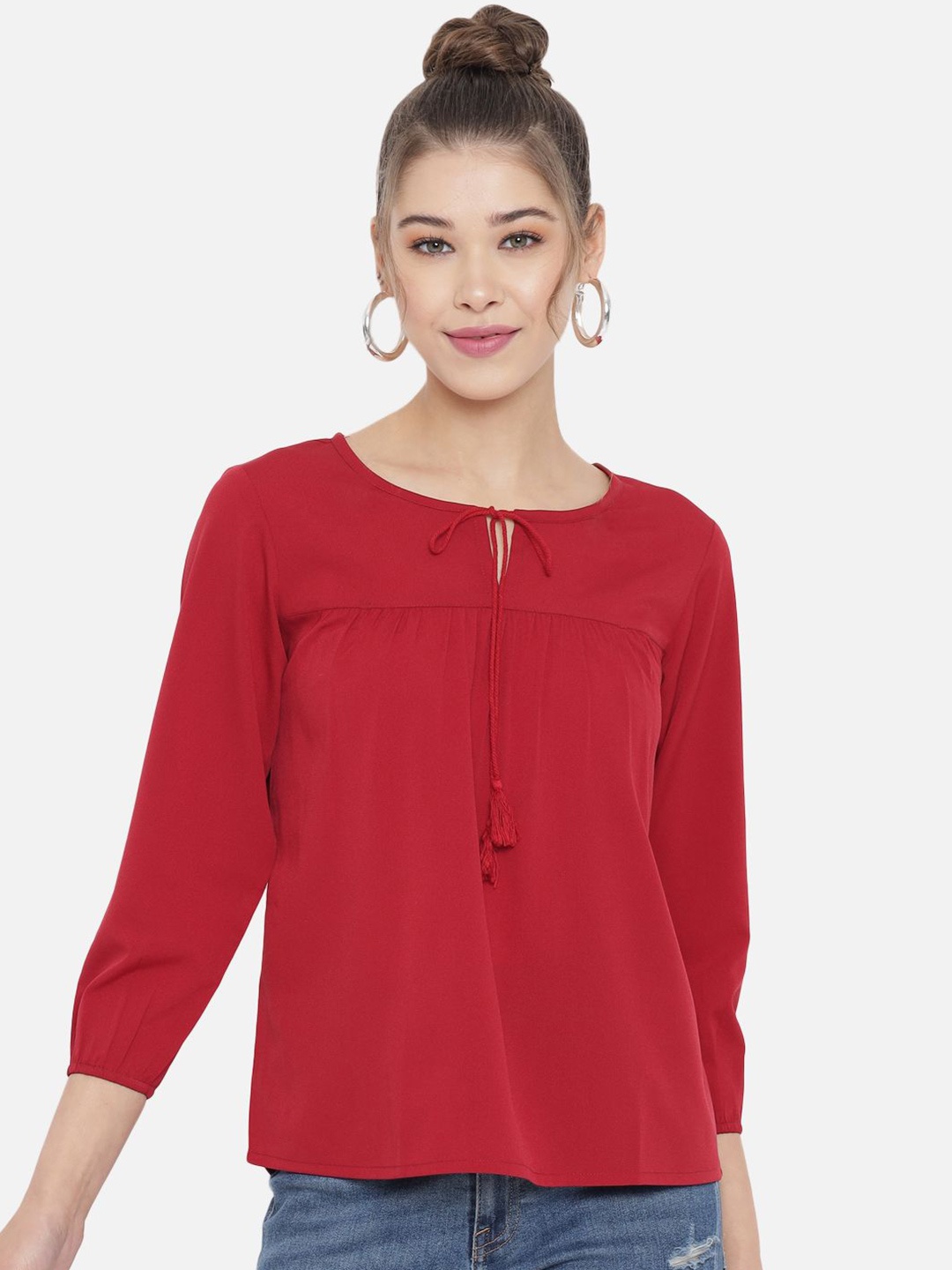 

Moda Rapido Women Tie-Up Neck A-Line Top, Maroon