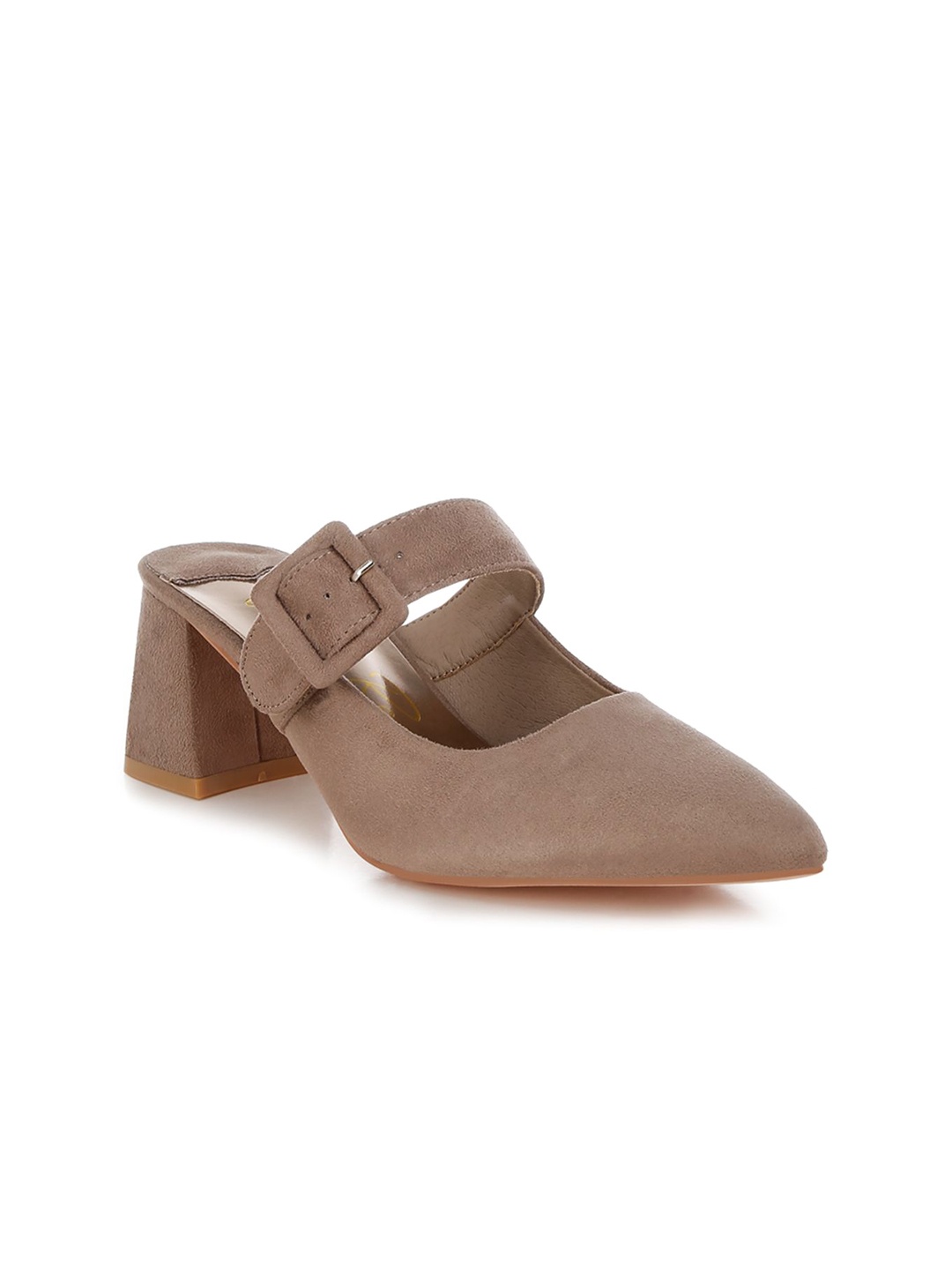 

London Rag Women Buckle Strap Detail Block Heel Mules, Taupe