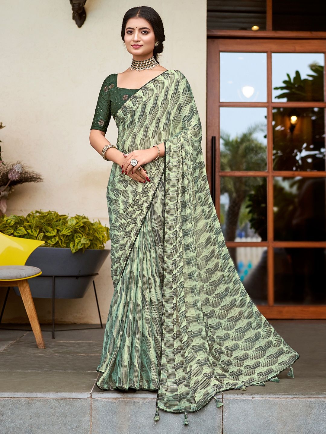 

Mitera Beads and Stones Poly Chiffon Bagru Saree, Green