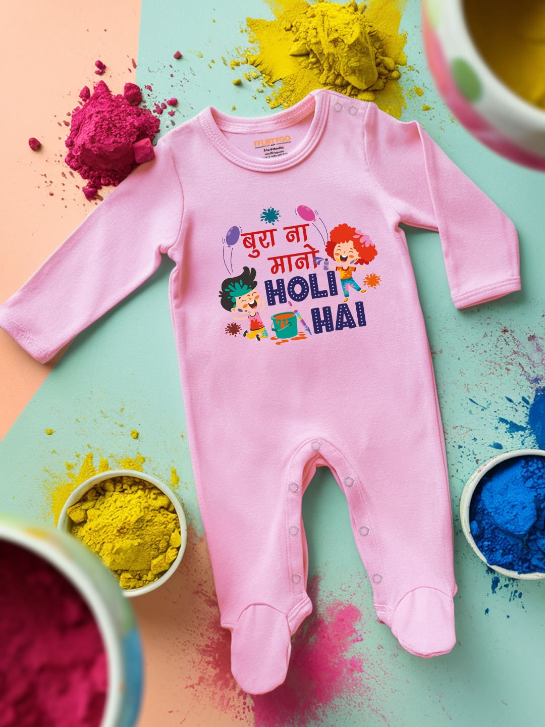 

FFLIRTYGO Infants Holi Printed Cotton Sleepsuit, Pink