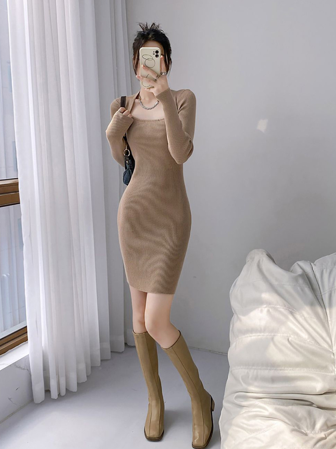 

StyleCast x Revolte Women Square Neck Bodycon Dress, Brown