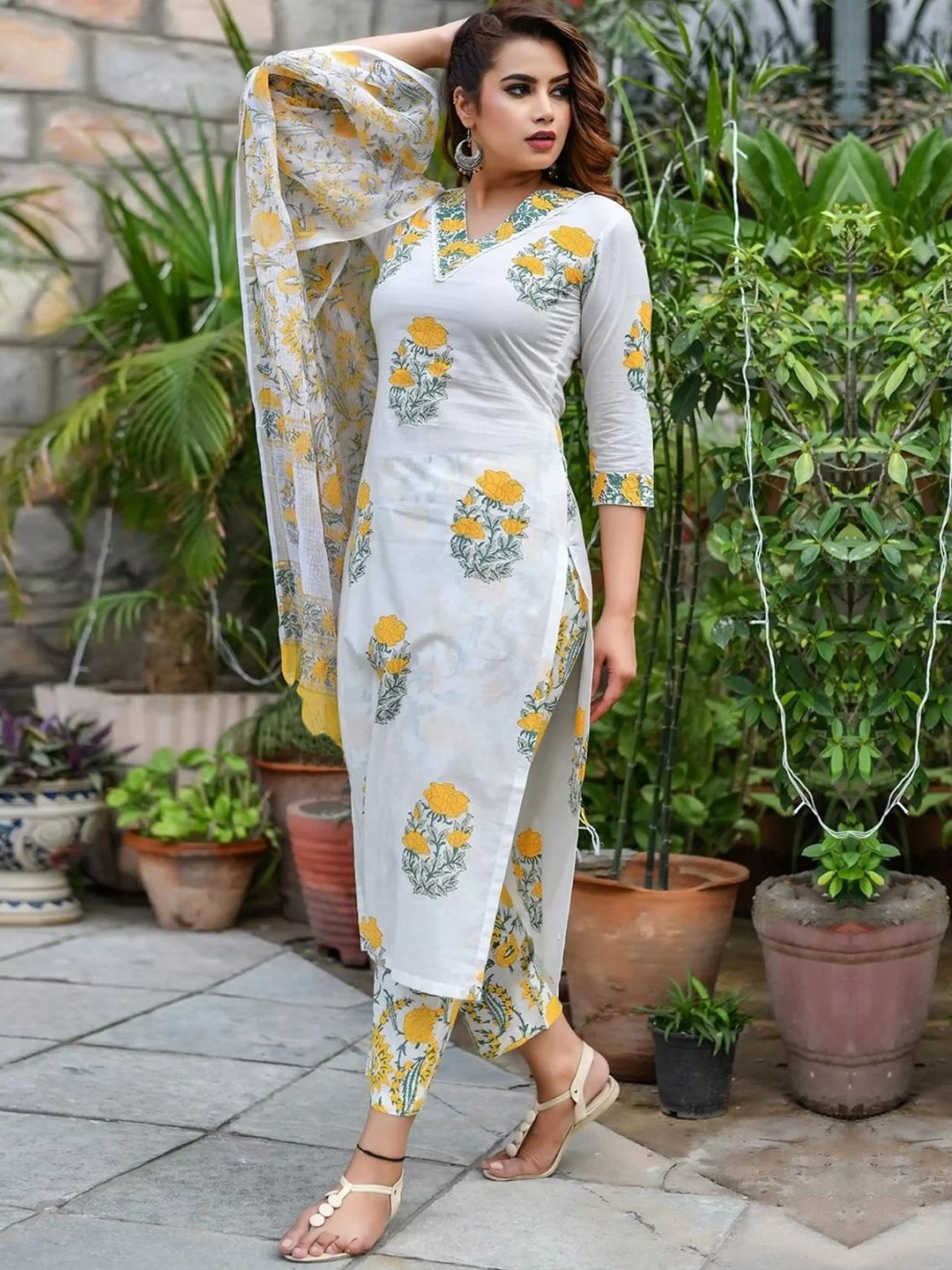 

Moda Rapido Floral Printed V-Neck Straight Kurta With Trouser And Dupatta, White