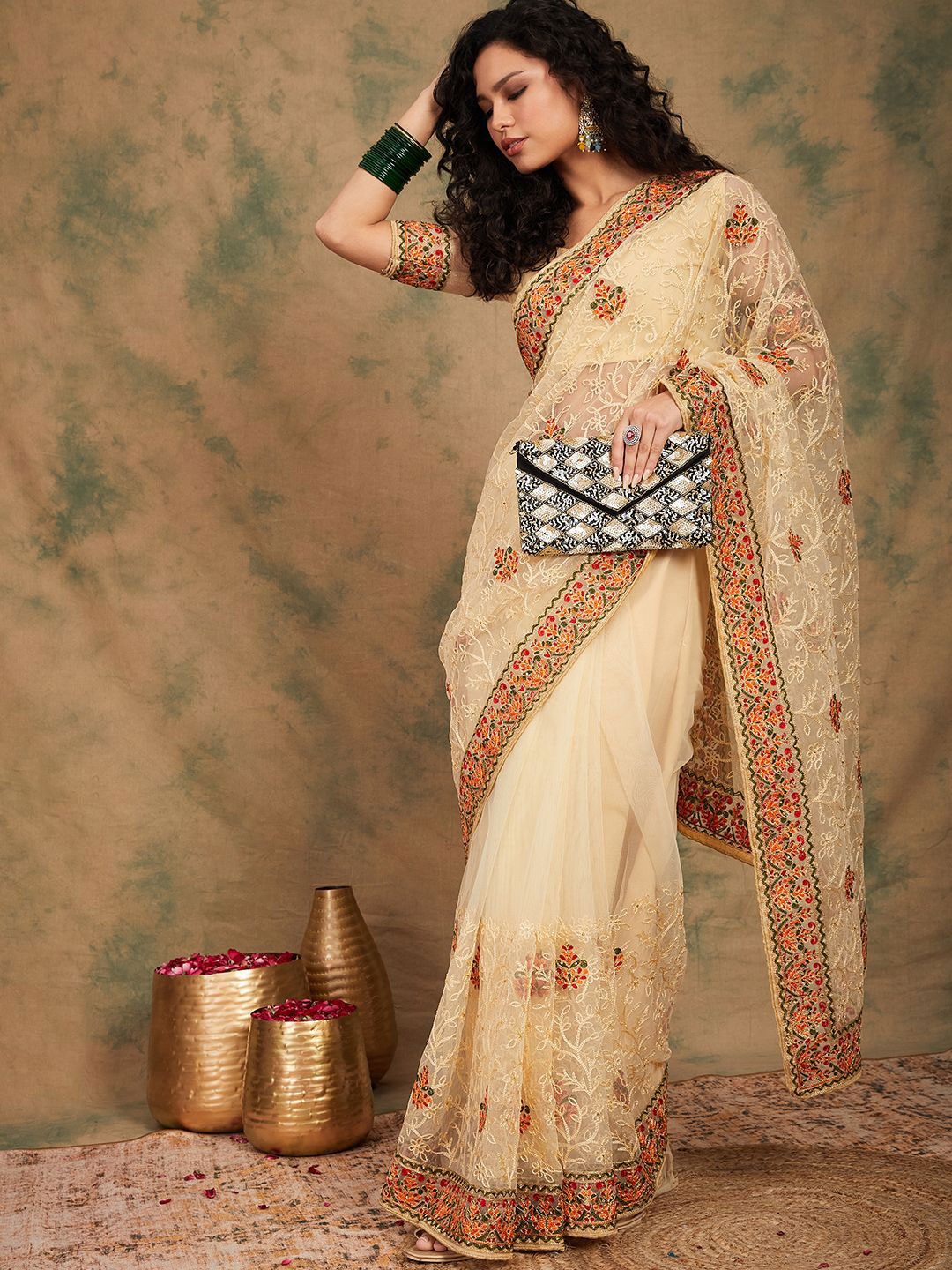 

DEVATITHI Floral Embroidered Chiku Net Saree, Cream
