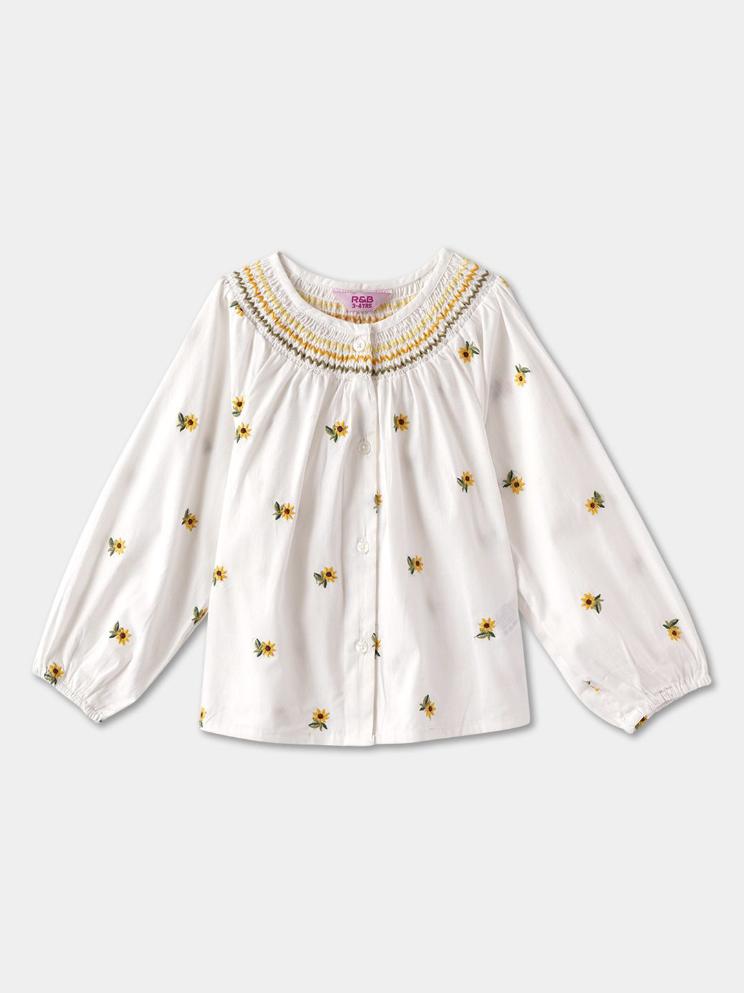

R&B Floral Print Puff Sleeve Cotton Top, White