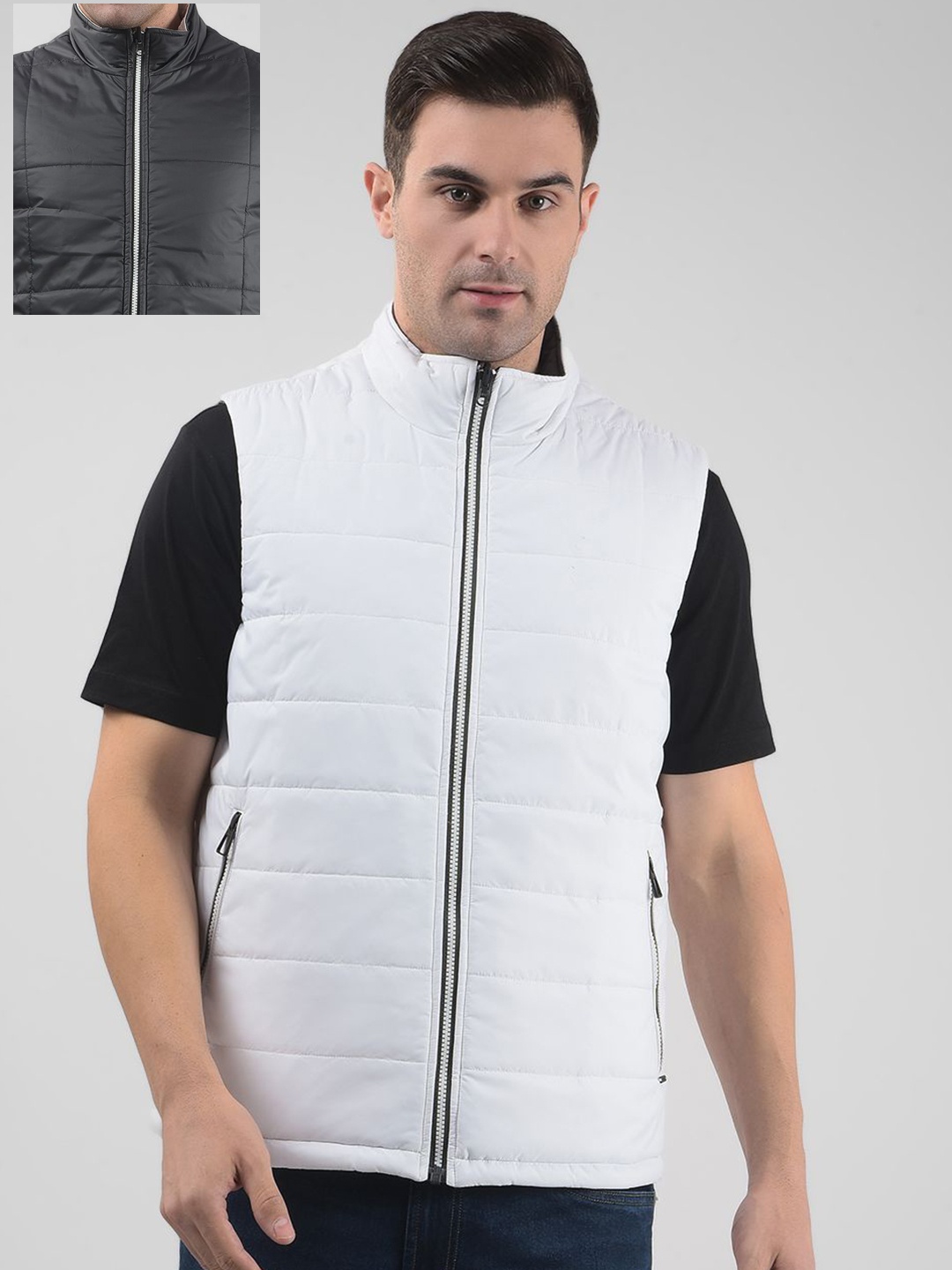 

Numero Uno Men Mock Collar Solid Casual Reversible Gilet Jacket, White