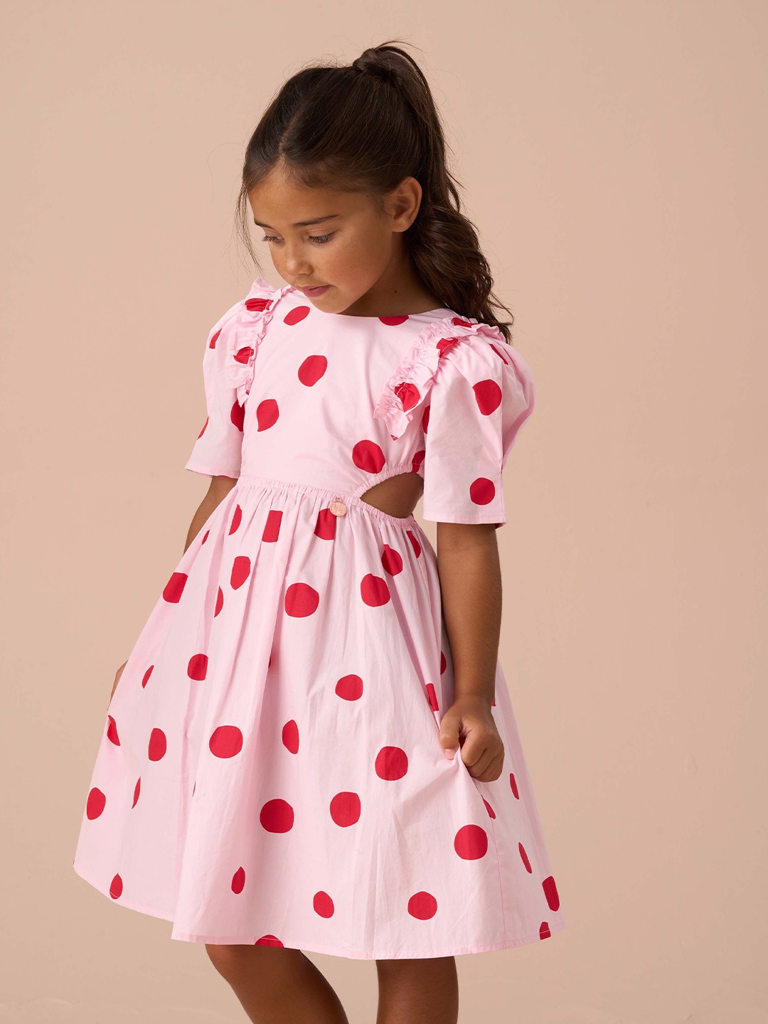 

Angel & Rocket Polka Dot Print Puff Sleeve Fit & Flare Midi Dress, Pink