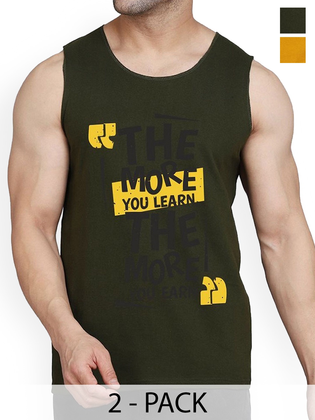 

WOOSTRO Pack Of 2 Printed Combed Cotton Gym Vest RS26 CMB (HARD MUSTARD) (MORE OLIVE)