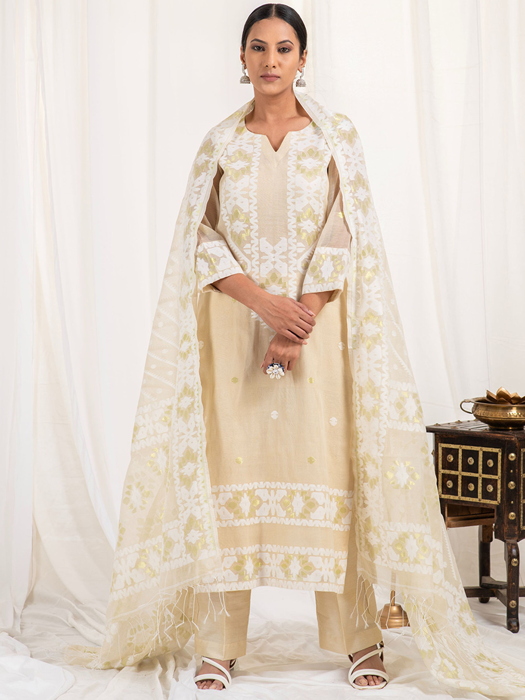 

Kasturi Creations Ethnic Motifs Woven Design Pure Cotton Kurta With Trousers And Dupatta, Beige
