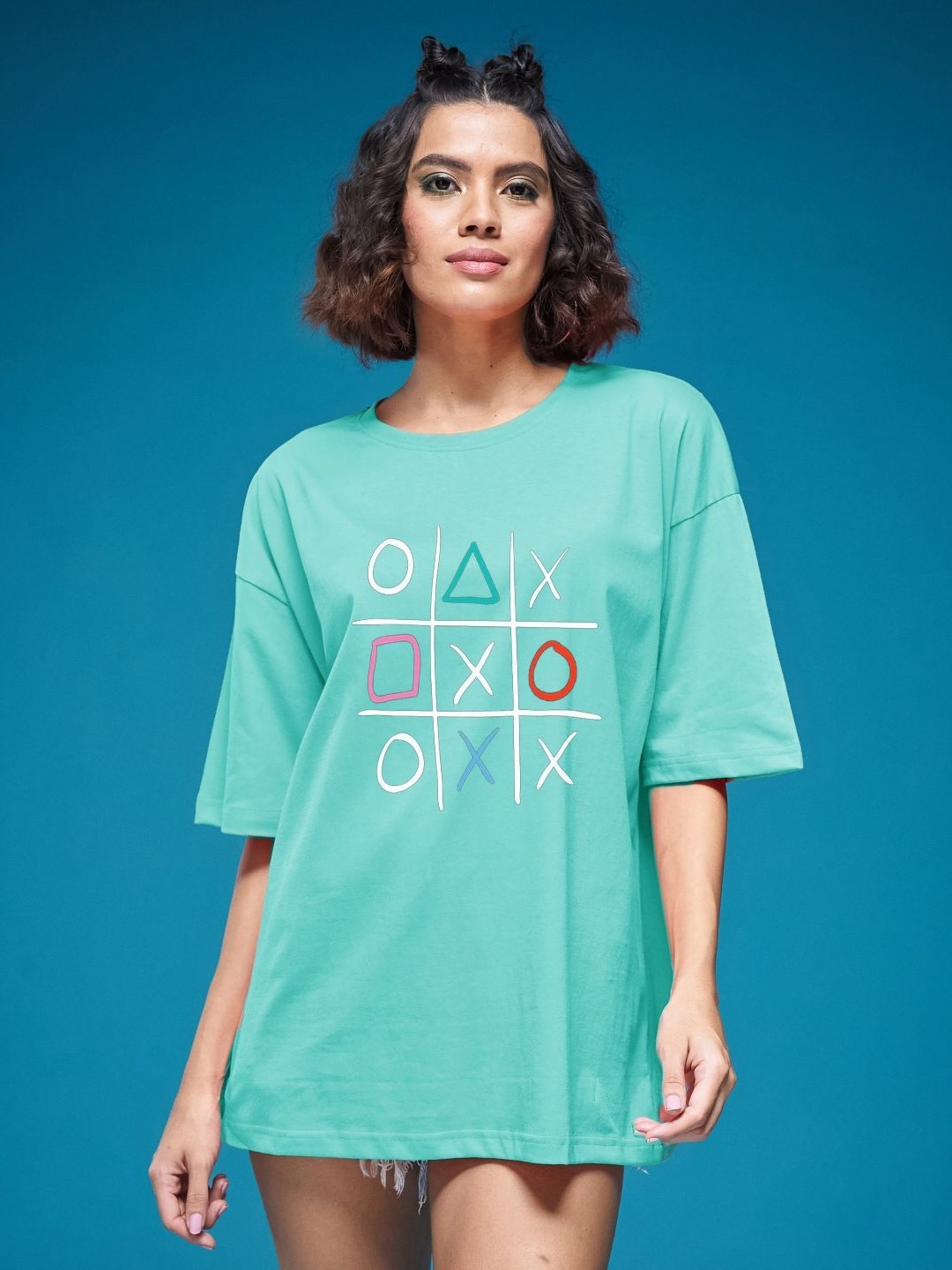 

SMARTEES Women Graphic Printed Round Neck Cotton Oversized T-shirt, Sea green