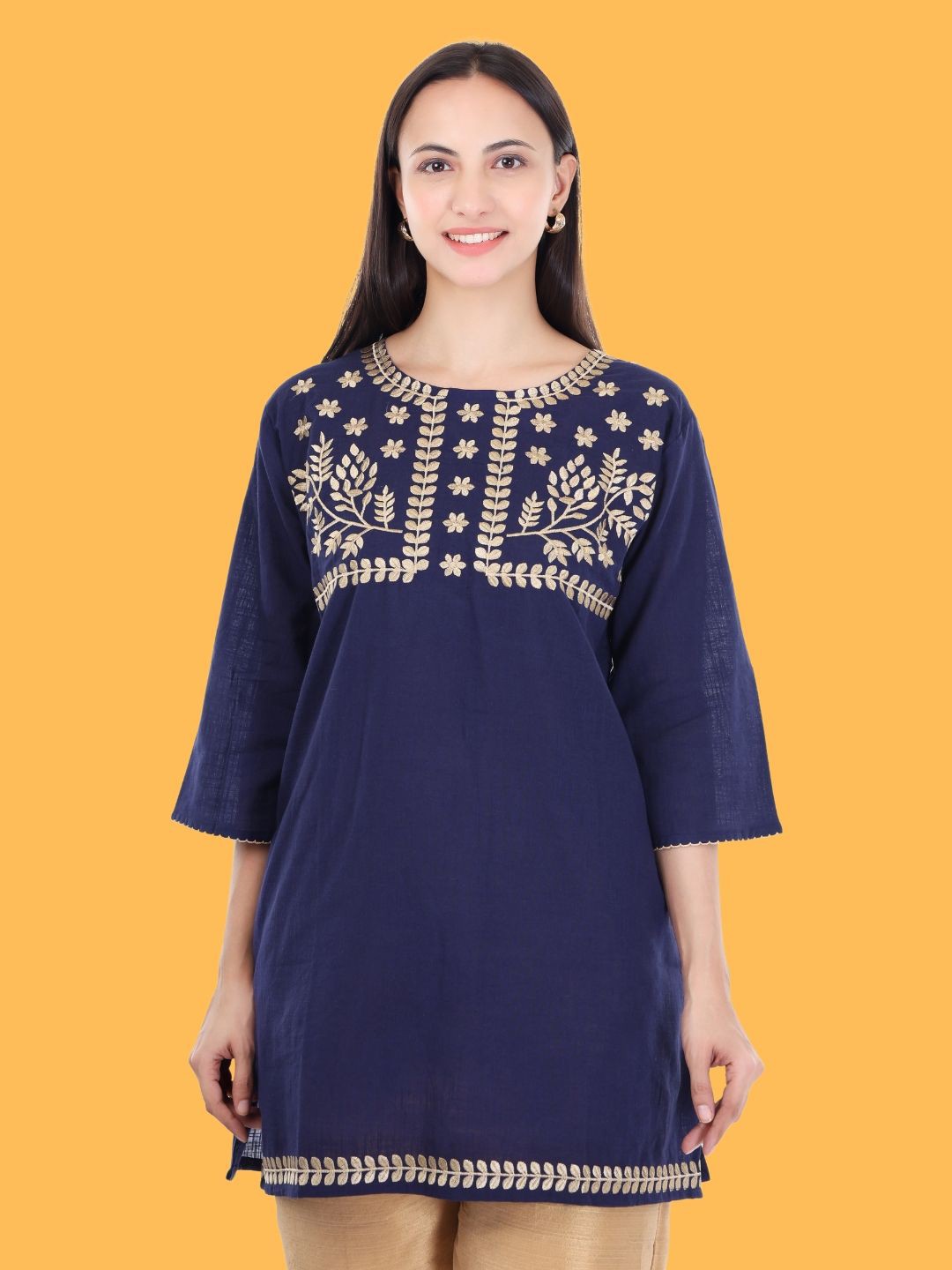 

Moda Rapido Floral Embroidered Pure Cotton Kurti, Blue