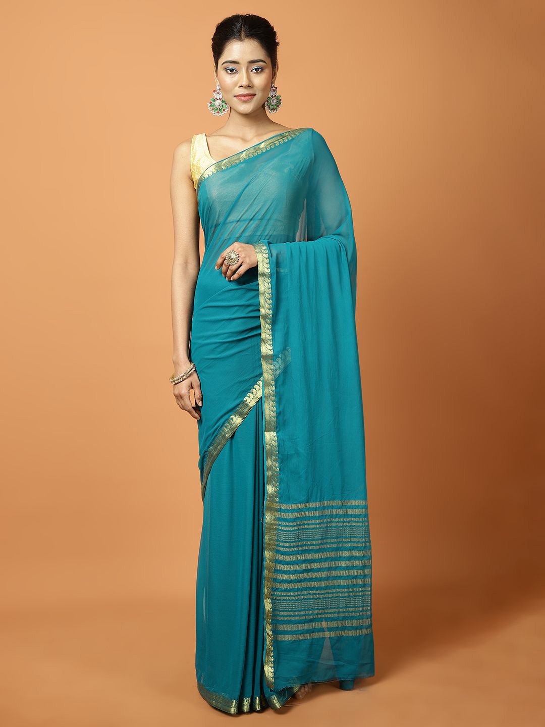 

Meena Bazaar Zari Poly Chiffon Saree, Blue